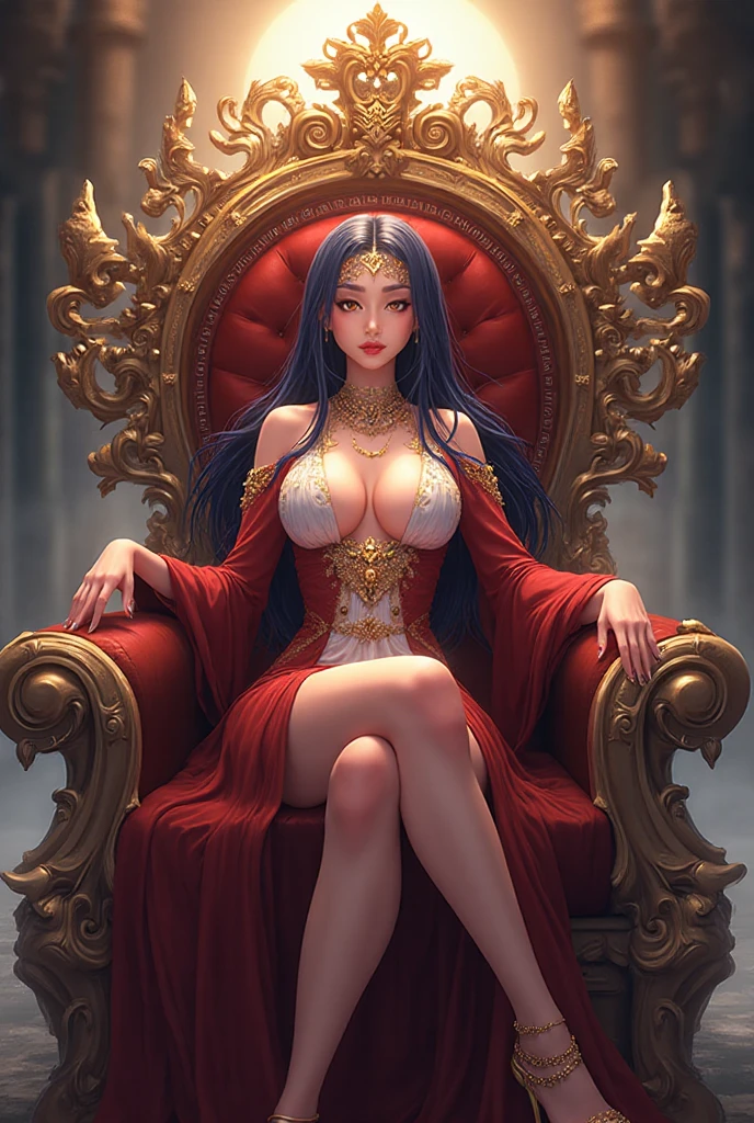 In the dark castle throne room on the huge royal throne in seductive pose siting beatiful demon queen, She have beautiful face with pink eyes rakr eye shadows and dark lipstick sexy make up, golden ring shape earrings on her ponty ears. she have long gorgeous bloody red hair.. dressed in majestic sexy black royal robe with golden metal parts, also she have tattoo all over her body her hands have lonf beautiful nails, (ultra high quality fantasy art, ghothic dark fantasy style, masterpiece, ultra high quality character design, 8k quality anime art, realistic anime art, top quality wallpaper illustration, detailed ultra high quality accurate face, high quality design and accurate physic)