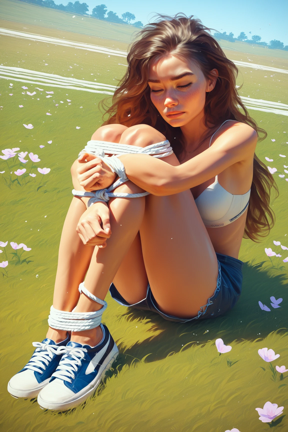 A brown-haired girl sitting on the floor while leaning against the wall and stretching out her legs