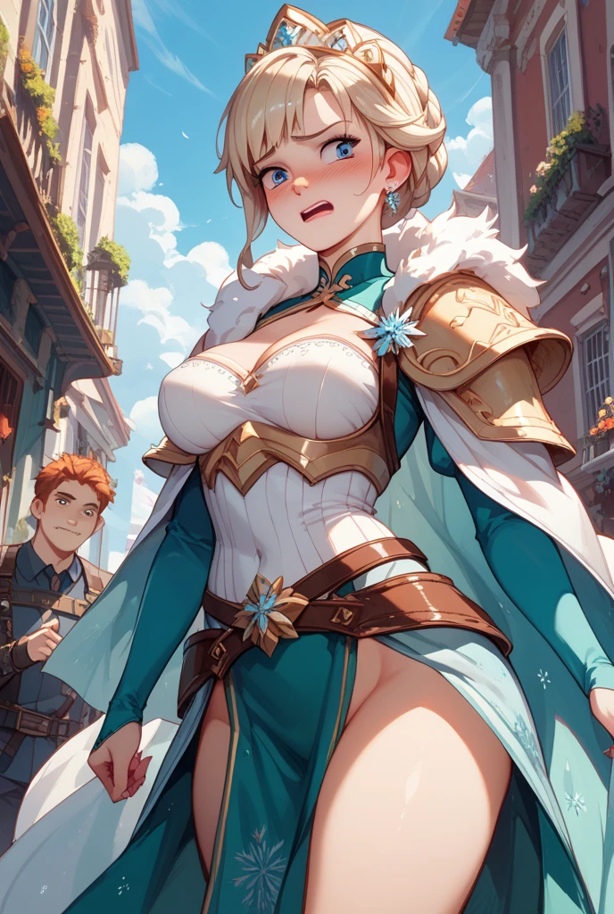 (masterpiece, best quality, ultra detailed, beautiful illustration), atmospheric perspective, depth of field, beautiful detailed eyes, anime eyes:1.4, looking at the viewer, (portrait, close-up:1.2), sexy pose, dynamic angle, (outdoors, grasslands, blue sky, clouds, strong wind), 1girl, :d, mature woman, (huge breasts), <lora:FinalFantasy_FemaleMonk:1>, MonkFFT, short hair, blonde hair, blue eyes, muscular female, strapless, bare shoulders, blue unitard, gauntlets, boots, (hand on own hair)