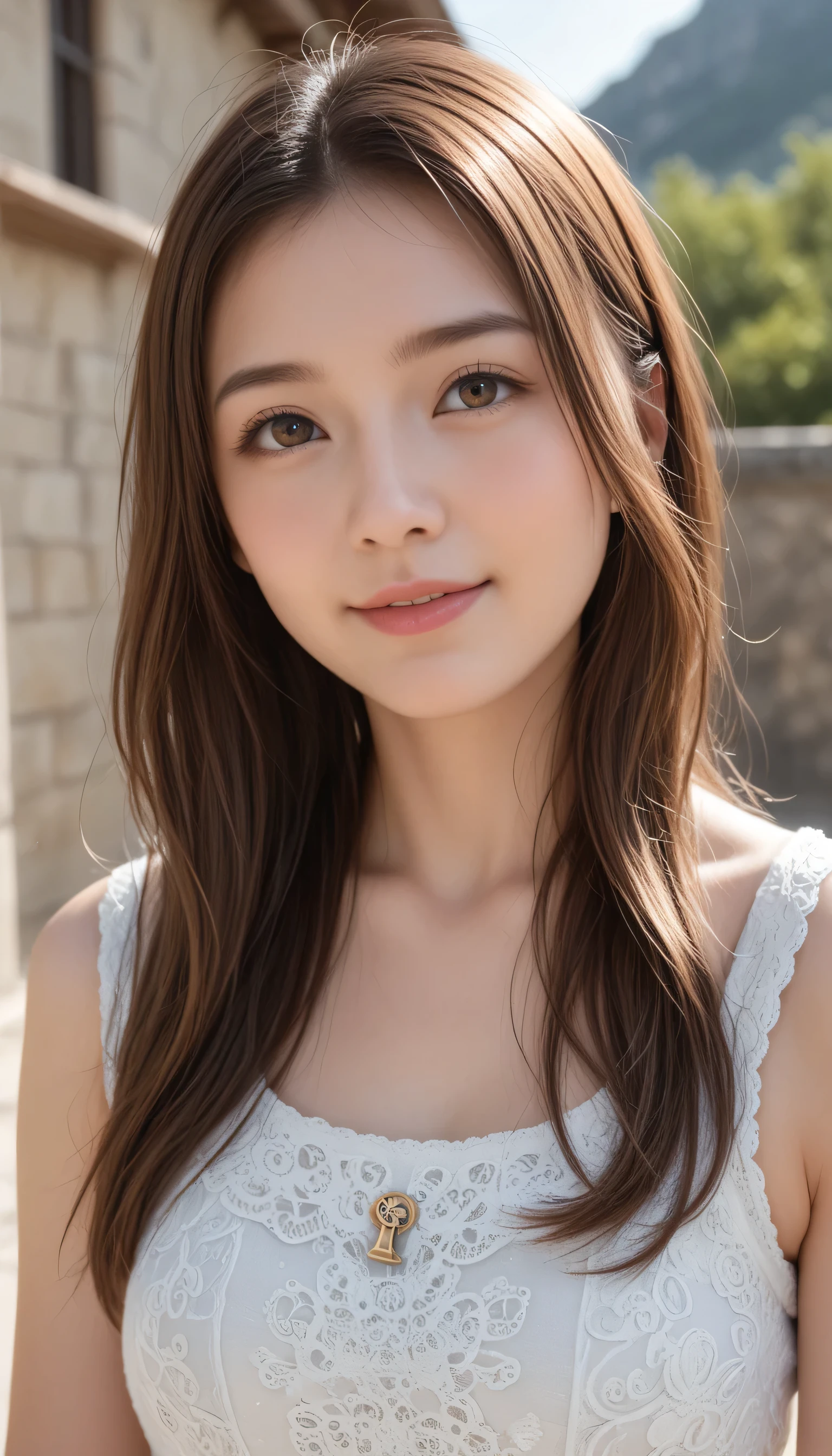 (Photorealistic: 1.4), (Hyperrealistic: 1.4), Portrait photography, Close-up face, (Professional cinematic lighting, key light, fill light, backlight), Masterpiece, Ultra high resolution, 8K, One beautiful Japanese girl, looking away, brown eyes, She has a pure and clean appearance, Intelligent, A gentle and shy smile, Busty, Her long hair is blowing in the wind, Skin texture, Ultra-detailed, Ultra-detailed face, Detailed lips, Detailed eyes, Detailed body skin, Summer dress, Slim, narrow waist, skinny,
In the background, you can see the courtyard with stone steps of an Italian stone house.