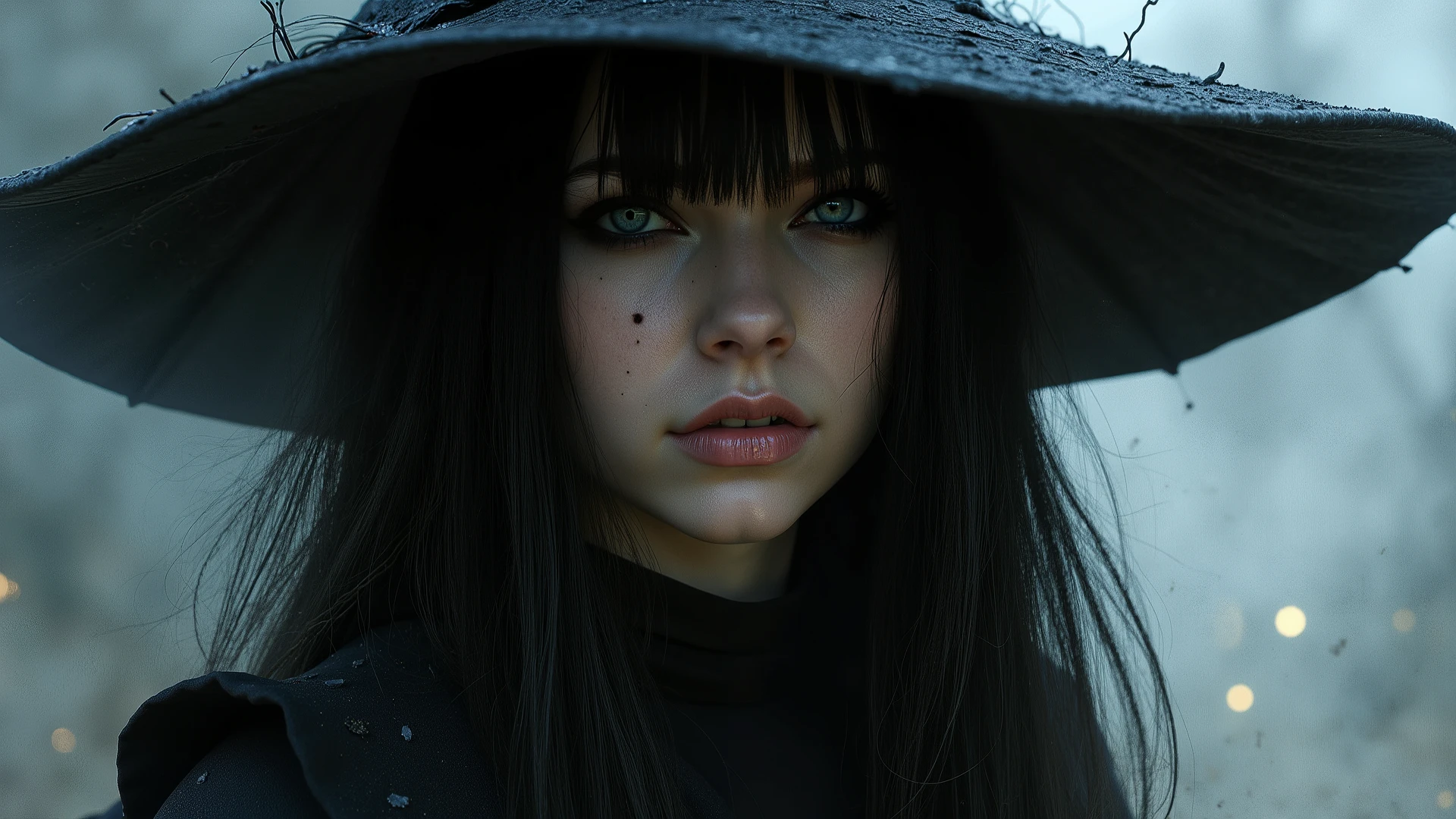Nyxra the Deathbloom, magic the gathering art, horror witch, bangs, black hair, witch, beautfiul, Good looking, witchhat