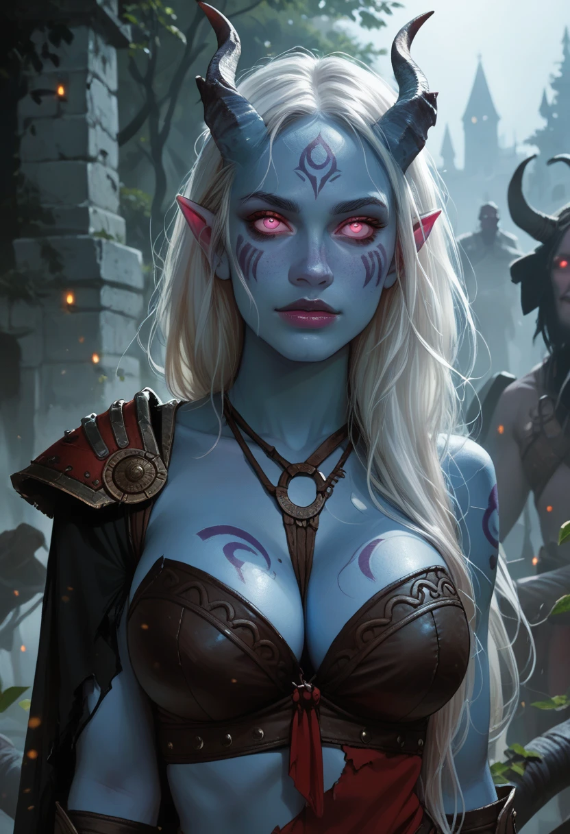 1girl, beautiful shedrn, horns, medium breast, armored dress, cleavage, glowing yellow eyes, white hair, braid, grey skin, facial mark, dark forest, mist fog, dark atmosphere, athletic, volumetric lighting, best quality, masterpiece, realistic, <lora:sxz-draenei:0.7>