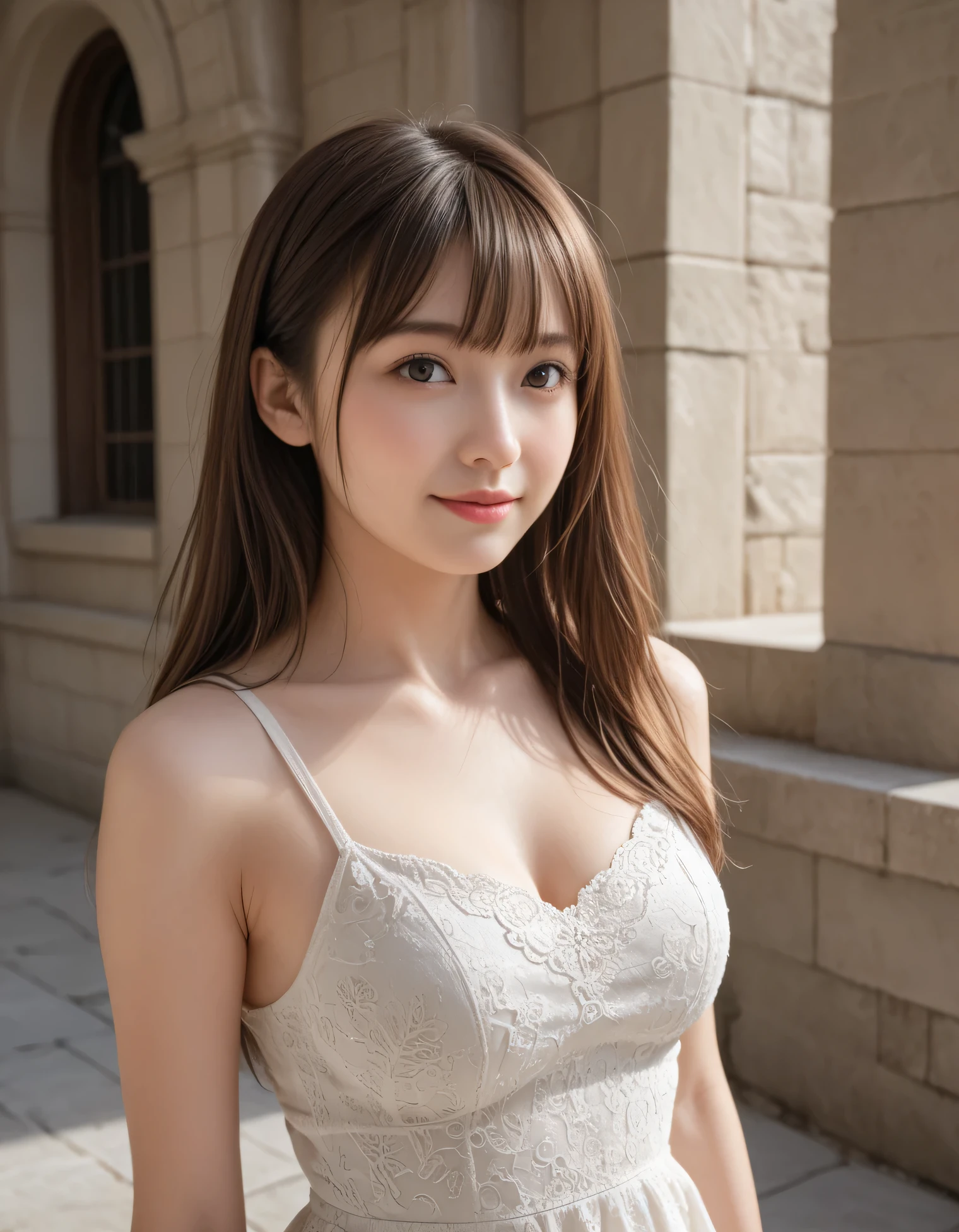 (Photorealistic: 1.4), (Hyperrealistic: 1.4), Portrait photography, Close-up face, (Professional cinematic lighting, key light, fill light, backlight), Masterpiece, Ultra high resolution, 8K, One beautiful Japanese girl, looking away, brown eyes, She has a pure and clean appearance, Intelligent, A gentle and shy smile, Busty, Her long hair is blowing in the wind, bangs, Skin texture, Ultra-detailed, Ultra-detailed face, Detailed lips, Detailed eyes, Detailed body skin, Summer dress, Slim, narrow waist, skinny,
In the background, you can see the courtyard with stone steps of an Italian stone house.
