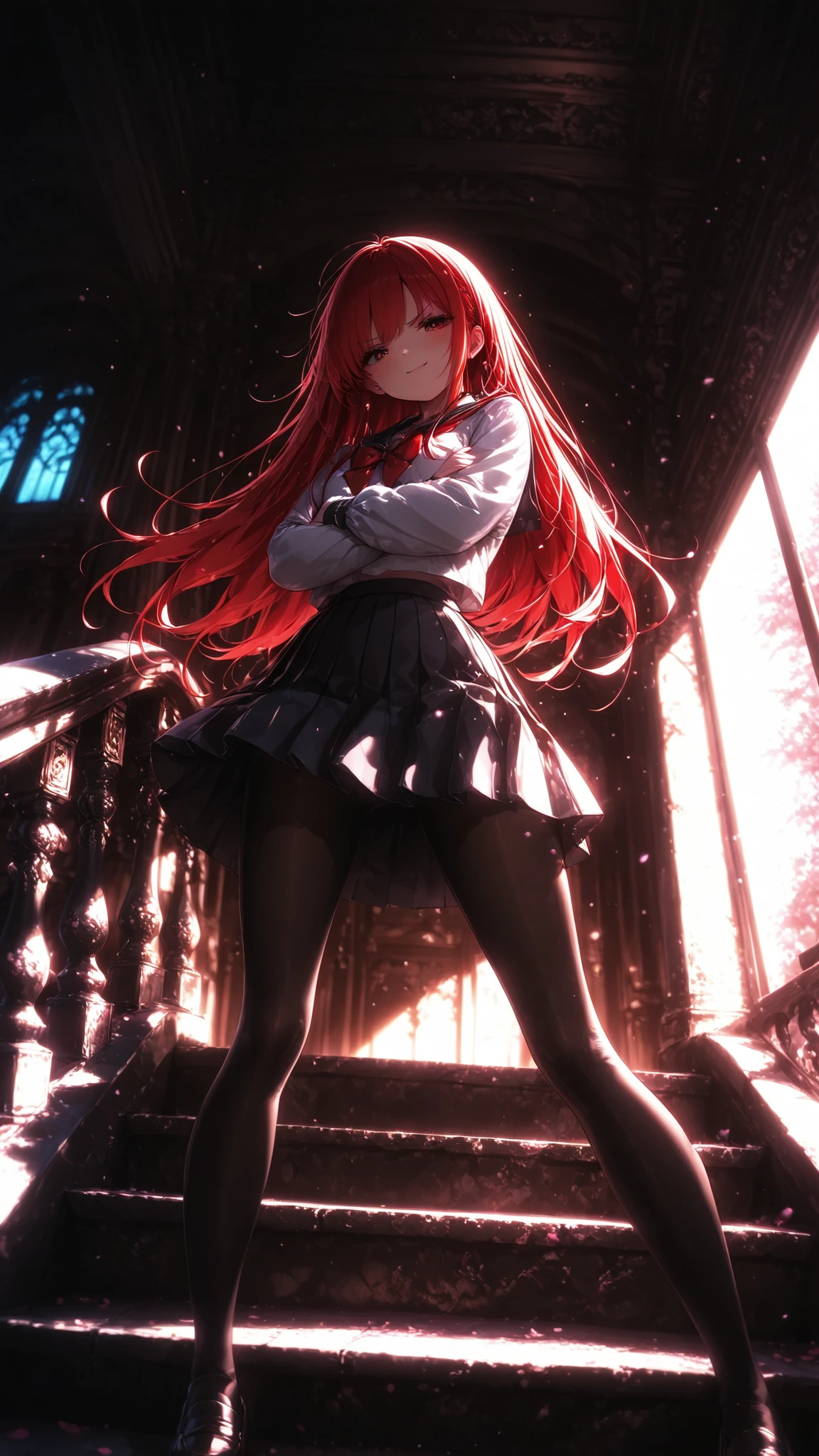 1girl , solo , A tsundere girl striking a pose as she looks down from the staircase landing , School staircase background , from below , school uniform , school tights , arched back , crossed arms , legs apart , smug , scowl ,
break ,
( ambient occlusion:0.9 ) , masterpiece , best quality , ultra-detailed , high resolution , extremely detailed CG , unity 8k wallpaper , super detailed skin , perfect anatomy , detailed beautiful face , detailed beautiful eyes , highres , chiaroscuro , highly detailed background , elaborately designed clothes , dramatic lighting , dramatic angle , light particles , ARW ,