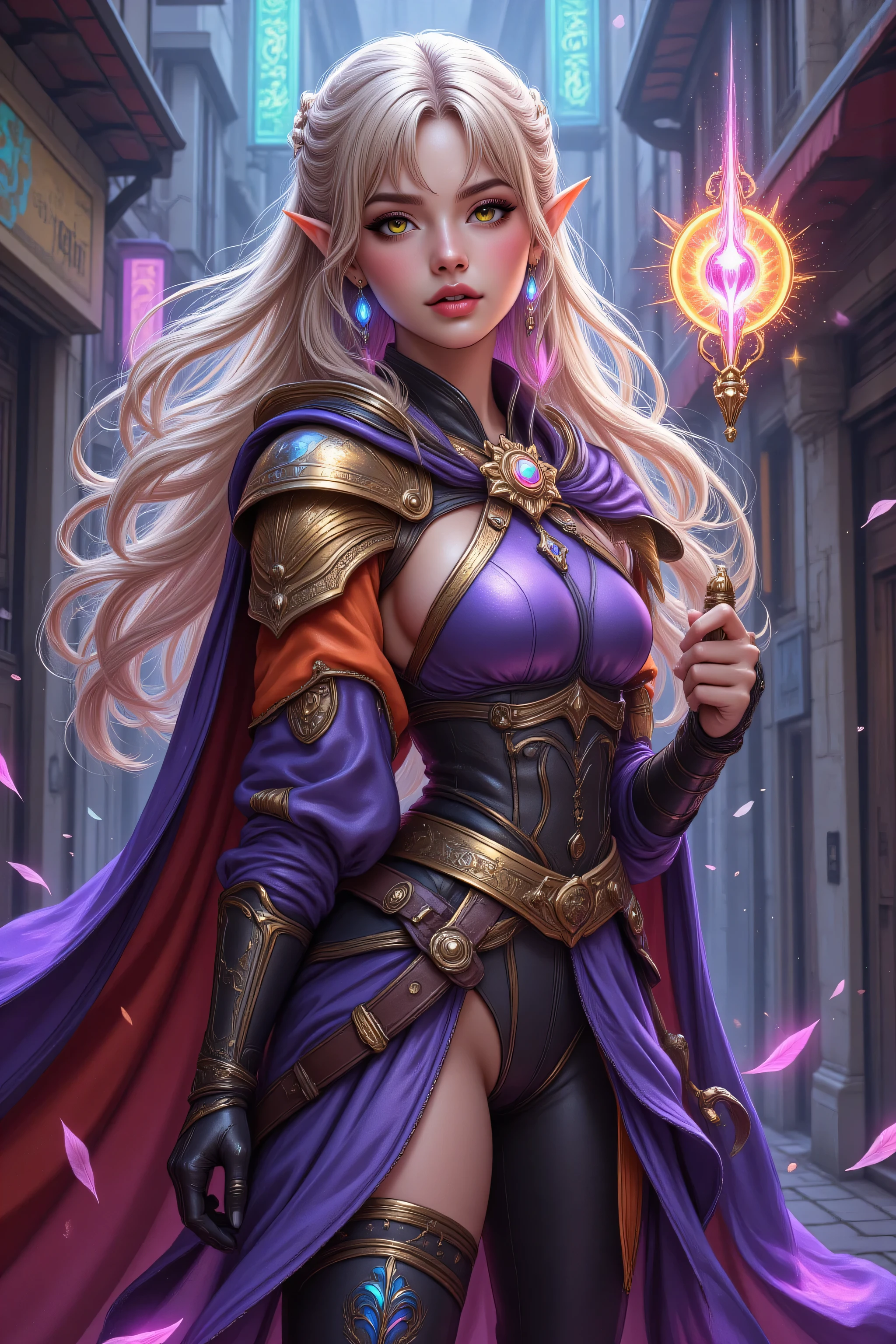 Colorful,zavy-ctcmcs,w1n,hyp3rd3tail style,aidmamj6.1,a picture of a female elf (intense details, Masterpiece, best quality) fantasy cleric, fantasy celestial guardian, armed with a holy symbol, shinning holy symbol, metallic shine, an ultra wide shot, full body (intense details, Masterpiece, best quality)epic beautiful woman, blond and red colored hair,  rich hair, glowing eyes, action shot, purple cloak, long cloak, orange armorת colorful magical sigils in the air, colorful divine markings floating,  holding a holy symbol (intricate details, Masterpiece, best quality), fantasy urban street (intense details, Masterpiece, best quality),  sense of daring, sense of adventure,  high details, best quality, 16k, [ultra detailed], masterpiece, best quality, (extremely detailed), dynamic angle, ultra wide shot, photorealistic, RAW, fantasy art, dnd art,fantasy art, realistic art,