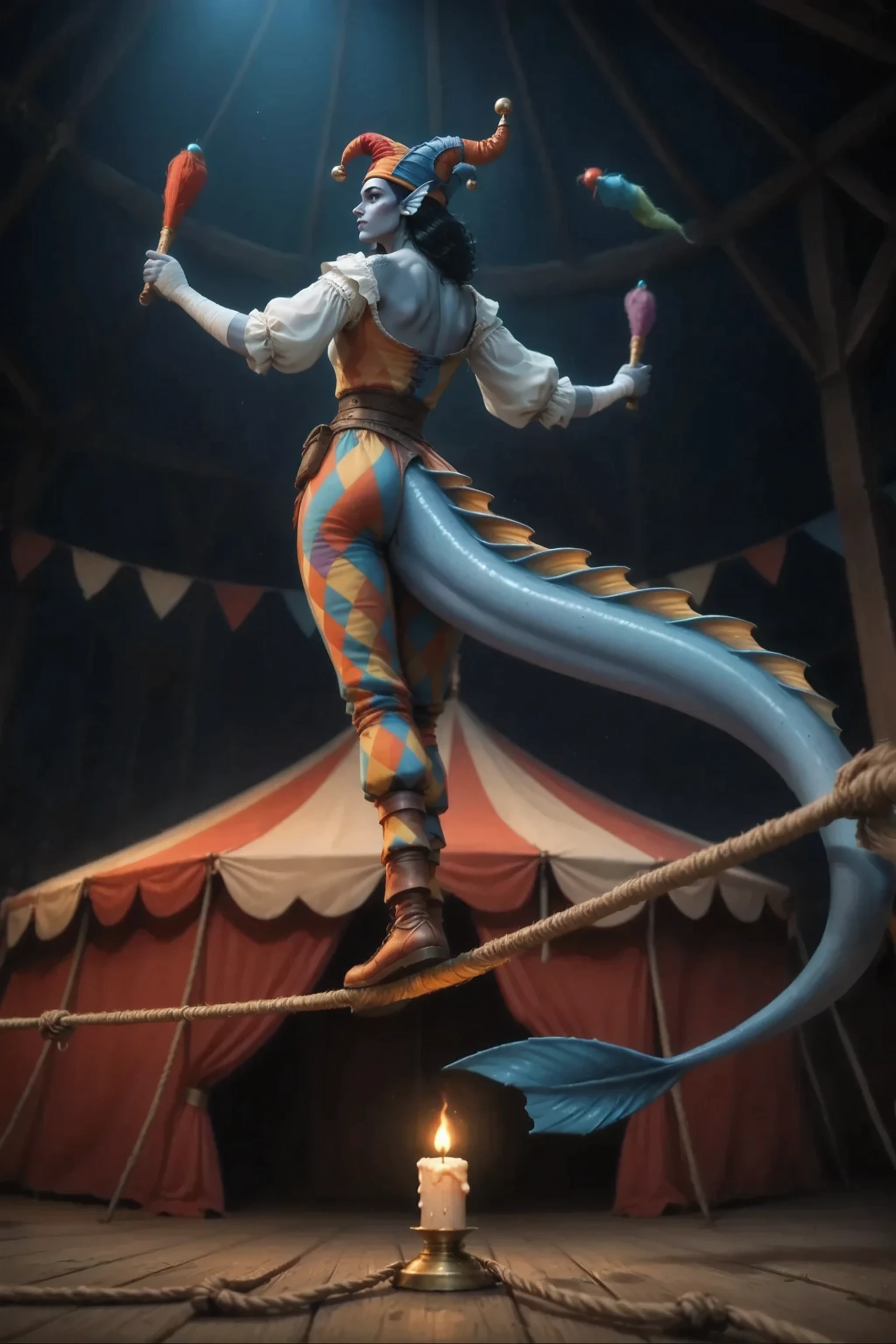 score_9, score_8_up, score_7_up ultra-detailed, Masterpiece, best quality, amazing quality, Стиль реализм.
На переднем плане видна акула смотрящаянаверх Экстремальный ракурс снизу на
Kedra женщина с сине-серой кожей (длинным толстым драконьим хвостом), небольшими рогами на голове, в очень ярких разноцветных одеждах в разноцветных штанах, образ арлекина,стоя на натянутом канате под потолком цирка смотря вверх подкидывает 3 разноцветных ярких больших кеглей жонглёра. Её взгляд напряжён, рот немного приоткрыт от усердия. Она сохраняет баланс стоя на толстом канате.
На переднем плане видно свечку которая стоит точно под канатом. Фон тёмный почти ничего не видно.
На фоне интерьер купол средневекового циркового шатра, излучающее атмосферу невероятного и опасного представления. Тёмный фон с участками тёплого света. Палатка украшена яркими красными и желтыми полосами, типичное для традиционного циркового декора но старыми и потёртыми. Свет в палатке мягкий , излучающие нежное сияние, создавая уютную атмосферу. Стены украшены синей драпировкой, что усиливает контраст с яркими тонами красного и золотого. Оттенки дыма или тумана добавляют ощущение таинственности, тускло видимыми предметами и драпированной тканью, указывающими на присутствие циркового оборудования или сидений, скрытых в тени, создающая атмосферу предвкушения и трепета, присущую цирковой обстановке.