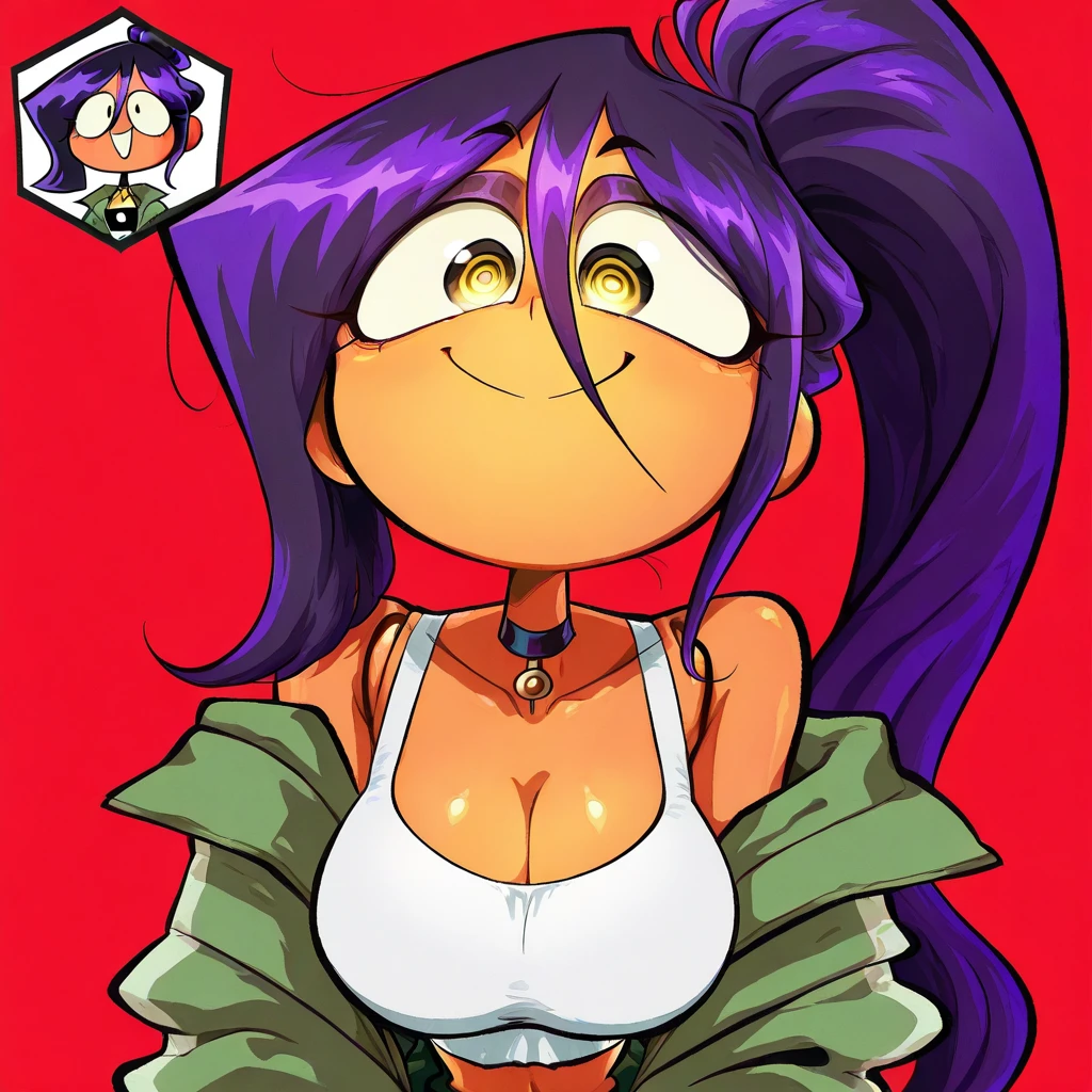 masterpiece, best quality, looking at viewer, upper body, portrait, looking at viewer, seductive smile, put your hands behind your head, armpits, armpits visible, sweaty armpits, medusa, very large breasts, long purple hair, wearing business suit , no bra, wearing glasses, cum on her armpits