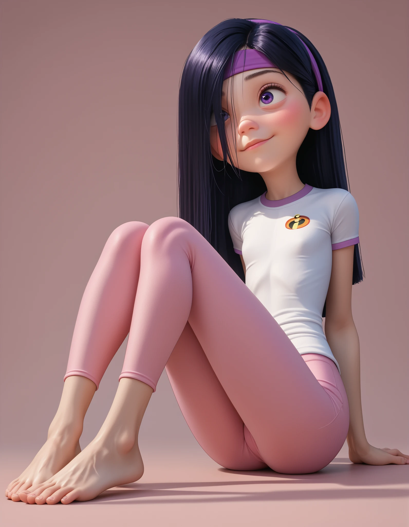 score_9, score_8_up, score_7_up, score_6_up, score_5_up, score_4_up, 1girl, VioletParr, purple headband, long black hair, hair covering one eye, sitting, her hands are behind her back, barefoot, purple eyes, small smile, white shirt, yoga pants, hot sexy legs, flat chest, skinny, feets, full body view, front view from below her feet.