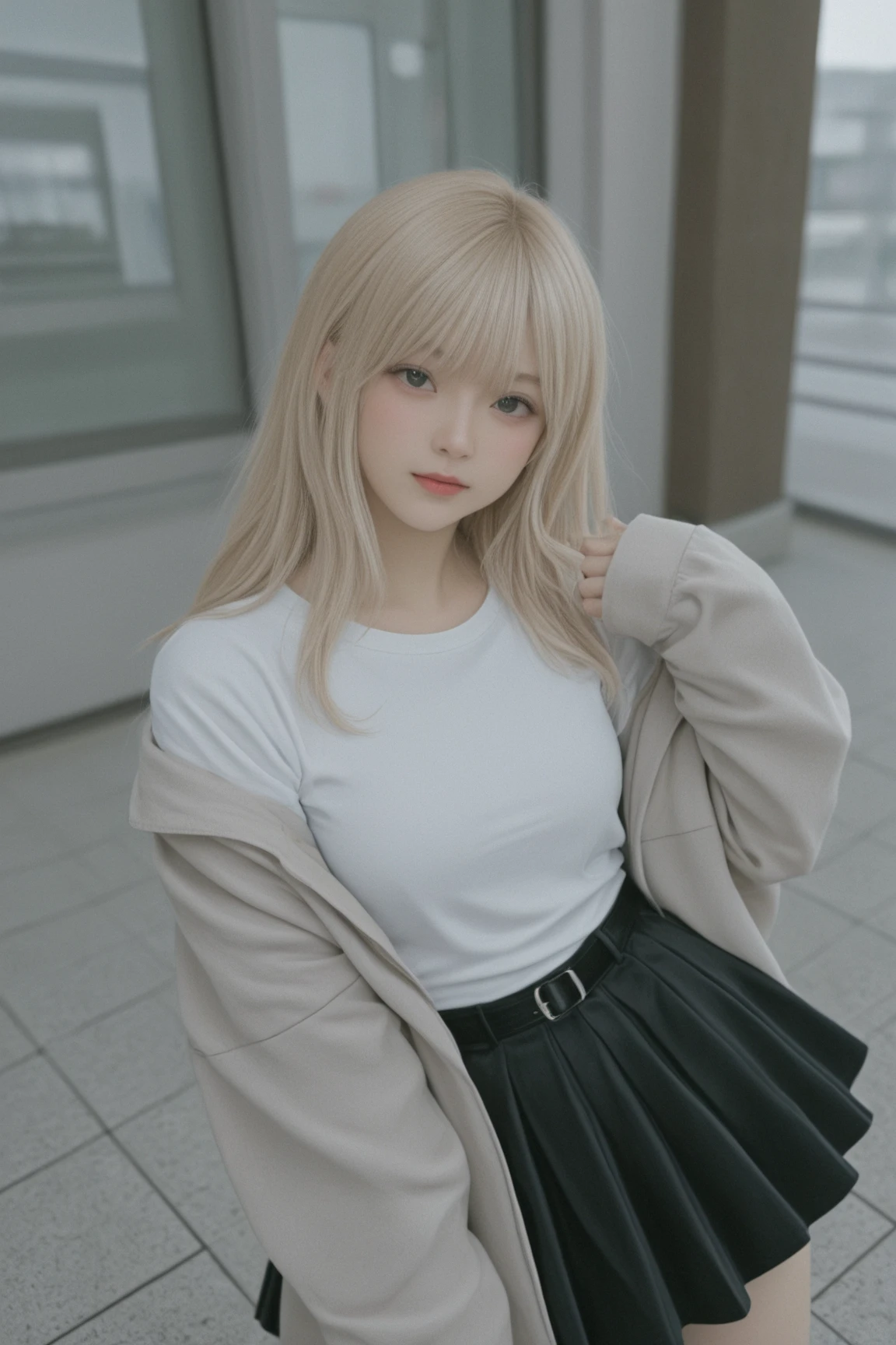 8k wallpaper, Best Quality, Ultra-detailed, masutepiece, Realistic, photographrealistic, extremely detailed cute girl, 18year old, ((Pull up your own skirt)), (Lifting your own skirt with your own hands), ((Show off your panties)), Look at it with contempt, blush, Parted lips, Looking at Viewer , FULL BODYSHOT, blonde hair、Erotic
