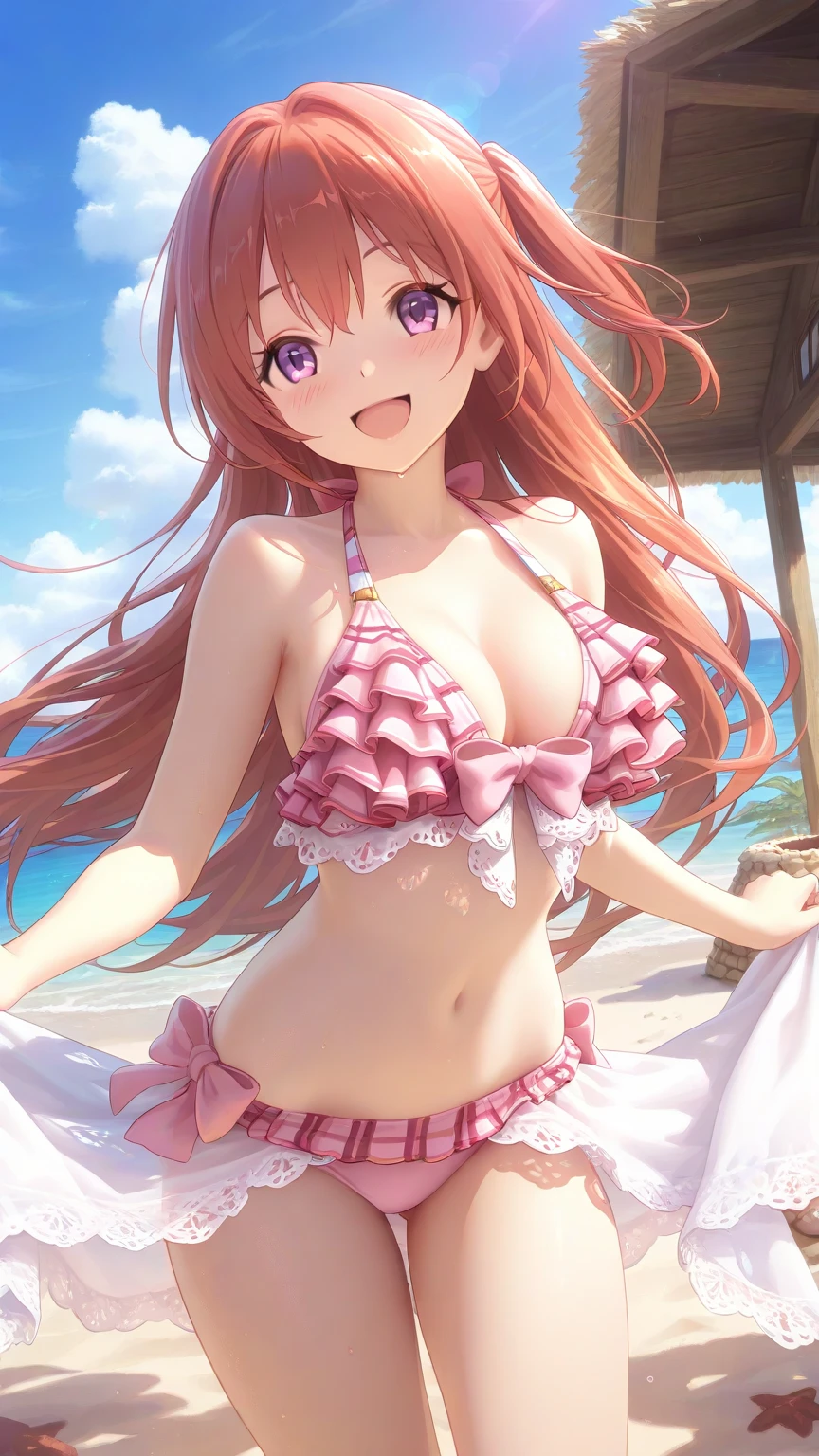 ((masterpiece)), (best quality), (detailed), chiyo_sakura, polka dot bow, frilly polka dot bikini, embarrassed, open mouth, blush, beach, ocean, <lora:chiyo-20:0.7>