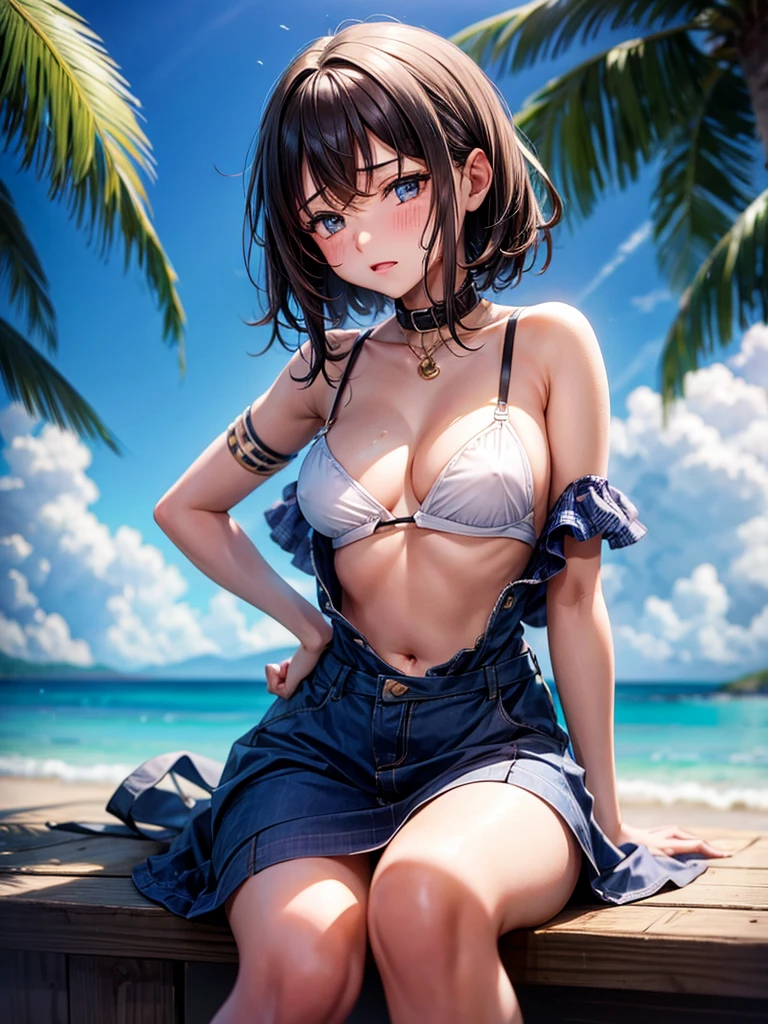 1girl, bangs,blush,medium breasts,nipples,cowboy shot,<lora:venusBikini_v10:0.9>,venus bikini,areola slip,<lora:virtualgirlRin_v30:0.3>, brown hair, hair_between_eyes, bob hair, closed_mouth, simple_background, smile, solo, water drop, outdoors, a girl on the beach,looking at viewer,