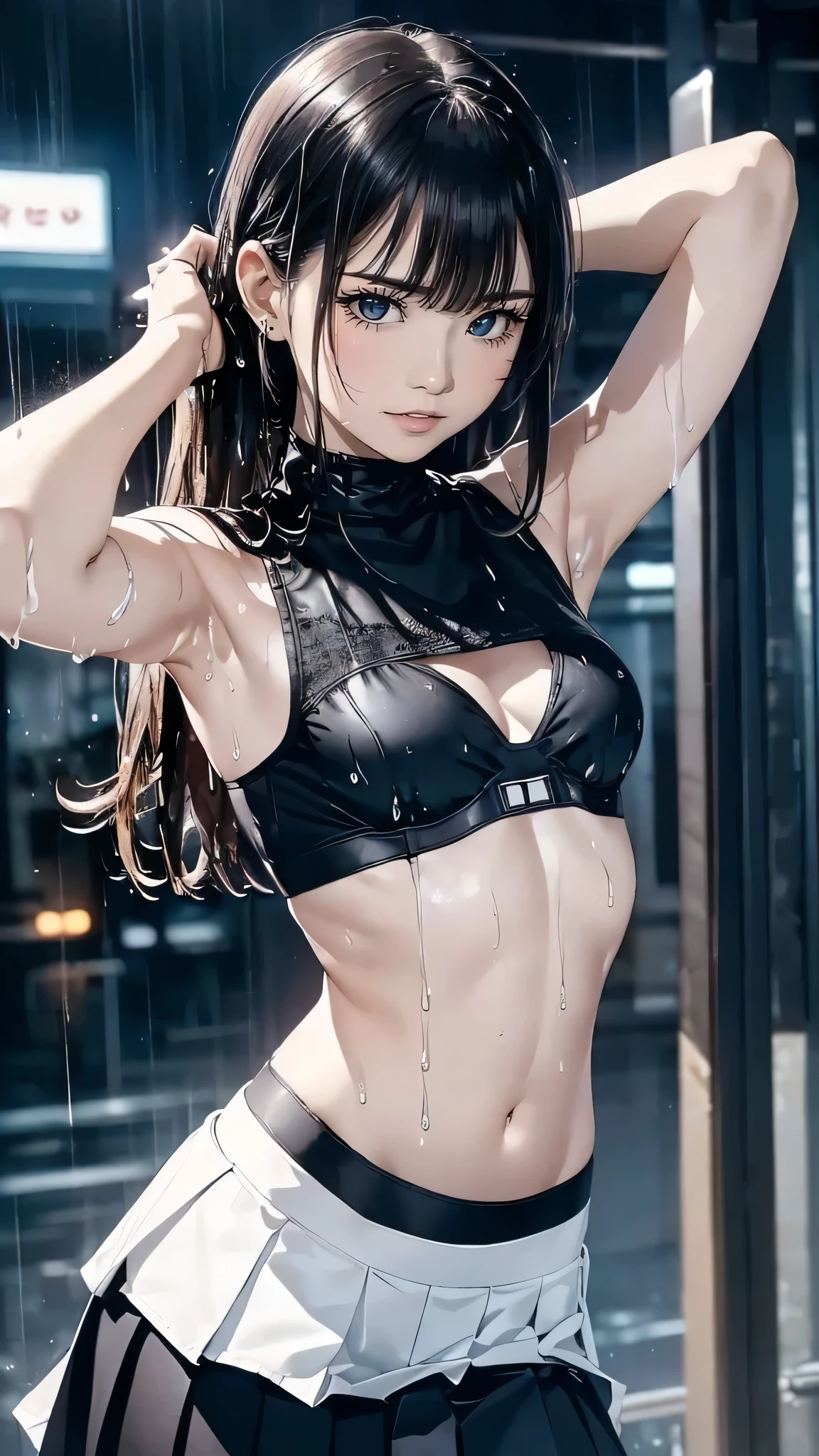 illustration, (smile,:1),(raining,wet,splash:1.3), (string,abs,small breasts,:1.1),(thin transparent wet clothes,sfw),thighs, battlefield, (slim, fit,flat chest, petite,ukranian,) photo realistic, high definition, detailed realistic, detailed, hyper detailed, realistic skin texture, ultra high resolution, high resolution,flag painted, (masterpiece, best quality), face tears,