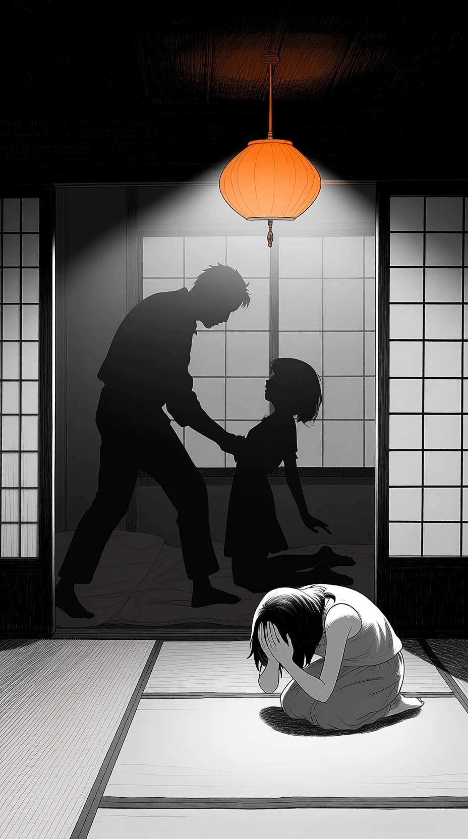 best quality, masterpiece, highres, detailed, digital illustration, <lora:Detail - add_detail:0.2>, <lora:NSFW - SilhouetteFun:0.9>, SilhouetteFun, silhouette, hetero, 1girl and 1boy, dim light, , from side, , , sliding door,