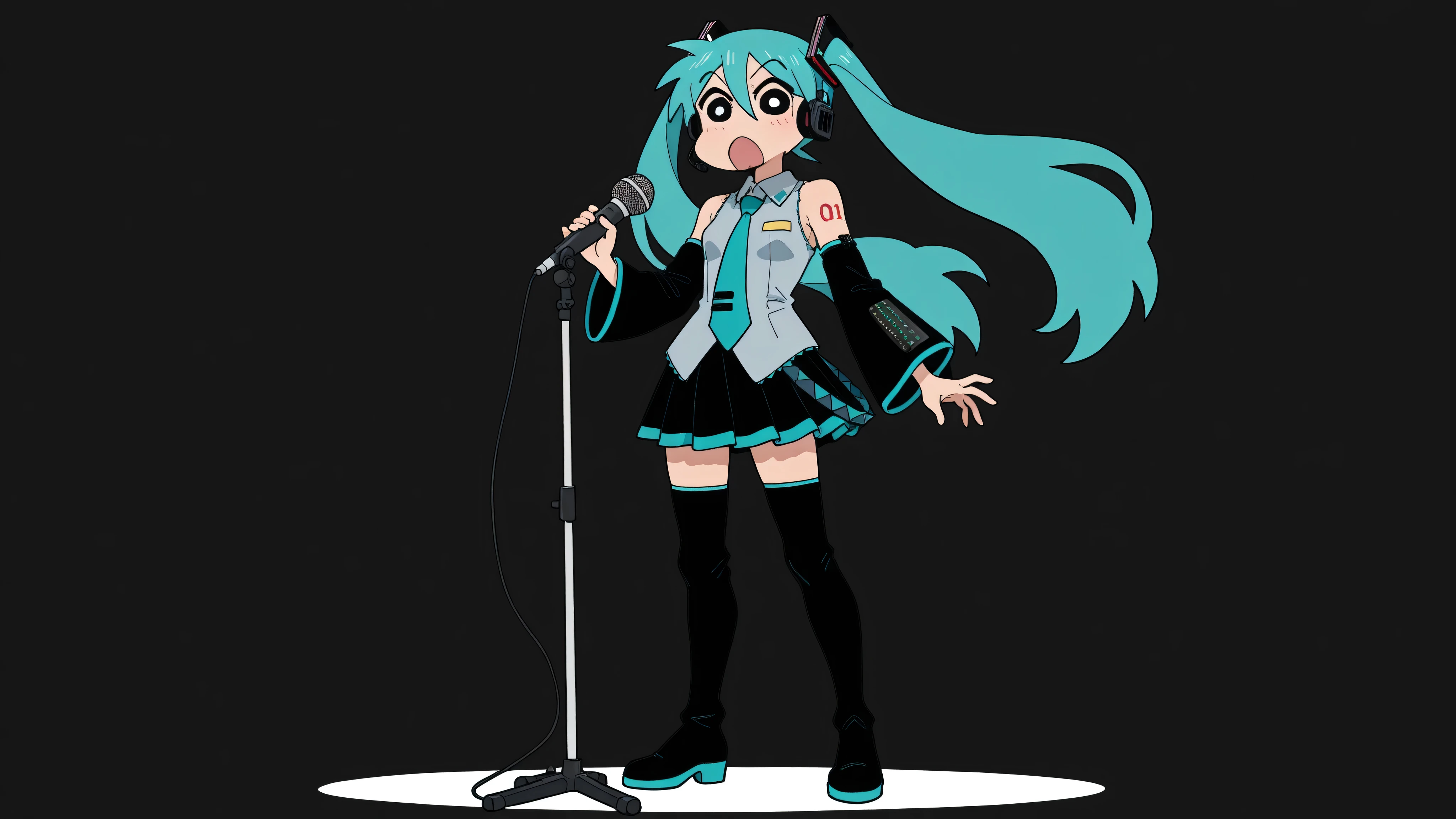 A woman singing into a microphone.little character, anime style, source animation, market_Cresine, Crayon Shin-chan style, Shinnohara, solo, looking_in_viewer, simple_Background,
1girl, is standing, Full_body,maha's rya_mouth, black_eye, from_front in the sky,
miku hinsune, stupid hair, aqua eye, aqua hair, cross bang, hair between eye, hair ornament, headphones, long hair at Boro-Yado, twin tails, aqua necktie, black footwear, black skirt, black sleeves, boots, collared shirt, detachable sleeves, grey shirt, necktie, pleined skirt, shirt, skirt, Sleeveless, Sleeveless shirt, thigh boots, tie clip,


