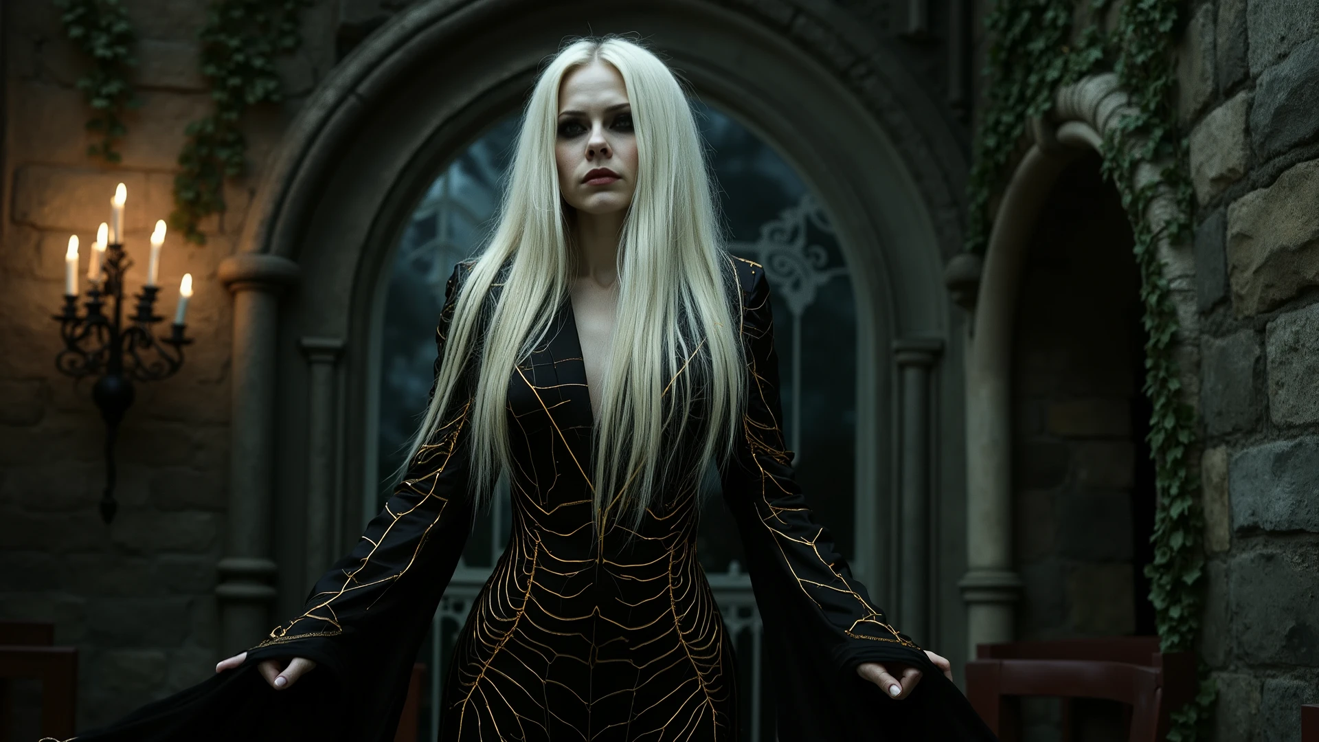 The image depicts a high-quality, HD representation of a pale-skinned vampire lady with striking long white hair cascading down her shoulders. She is elegantly draped in a black and gold silk suit that resembles the intricate patterns of a spider's web, showcasing a blend of elegance and menace. The suit's fabric shimmers subtly, reflecting light in a way that emphasizes the delicate, almost ethereal quality of her appearance. Surrounding her is a dark, moody environment, possibly a dimly lit gothic chamber adorned with ornate candle holders casting flickering shadows, enhancing the mysterious atmosphere. The background features ancient stone walls, partially covered in dark ivy, which adds to the sense of timelessness. A large, arched window allows a sliver of moonlight to filter through, illuminating her figure and creating a stark contrast against the shadows. The composition focuses on the character, with a slight upward angle that gives her an imposing presence. The lighting is dramatic, with high contrast between light and dark areas, highlighting her features while casting deep shadows that add depth. Keywords: high quality, HD, pale skin, vampire lady, white hair, black and gold silk suit, spider-like patterns, gothic chamber, candlelight, shadows, ancient stone walls, ivy, moonlight, dramatic lighting, high contrast, upward perspective, ethereal, elegant, mysterious atmosphere.