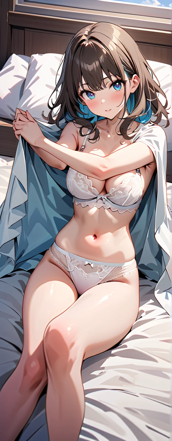 ((Dim lighting))、((Black short hair))、(((Open shirt、Open collar、Long sleeve)))、(((Unbutton)))、((White lace bra))、((Cleavage))、((White panties))、Healthy thighs、(((Sleep in bed)))、((Luxury lingerie))、(((Top-down angle)))