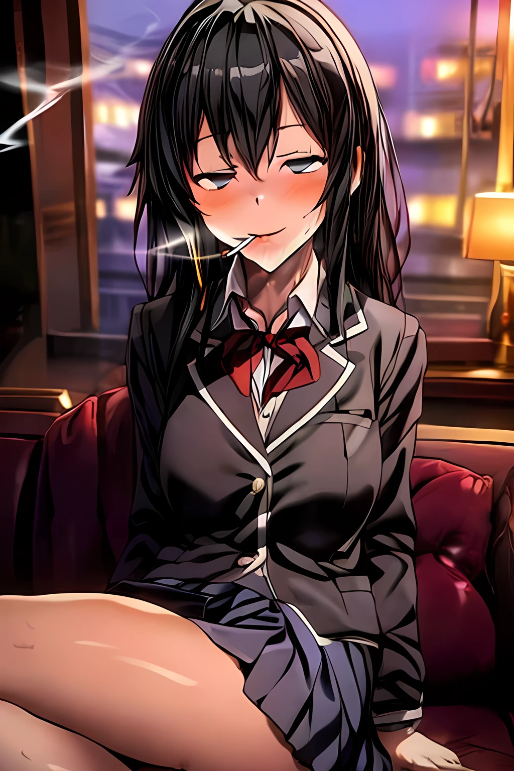 giggle_fit,passed_out,drunkface,drunk,yorime,((crossed eyes)),brush,smoking girl,night,pleated_skirt,yukinoshita_yukino, long_hair, black_hair, red_ribbon,blue eyes,((sobu high school uniform)),((masterpiece))), ((best quality)), (ultra-detailed), ((an extremely delicate and beautiful)),(unity 8k wallpaper),hotel, inside,sitting,sofa