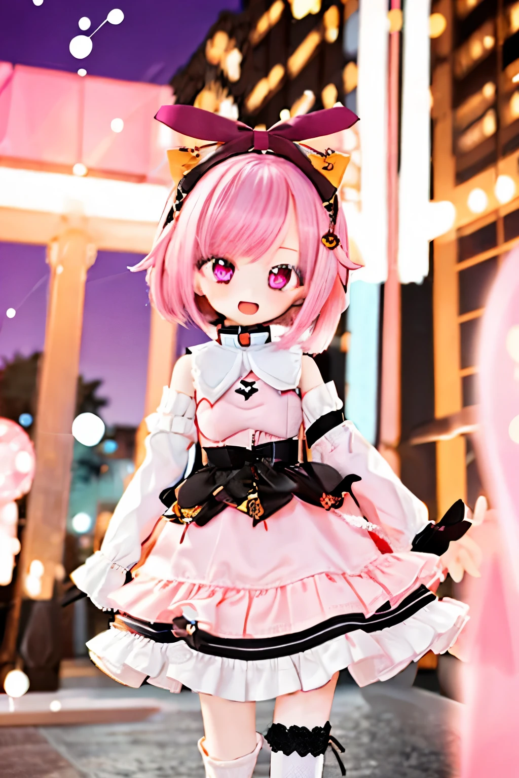 otorii_emu, Pink Hair, short hair, pink eyes, thigh stockings, stripe, Bow Down, White Gloves, elBow Down gloves, World Apparel, Pink Dress, detachable sleeves, Fluffy sleeves, white collar, Sleeves don't match, wave point , stripped, trim, ruffle dress, Bubble Skirt, elBow Down gloves, One-Handed Gloves , Official Art, medium boobs, rest outside , city street, looking at the audience, sexy face, SEXY SMILE, open mouth, {{x}}_9, score_8_Up, score_7_Up, source_cartoon ,zPDXL, perfect hand,<Lola:otoriii_emu:0.8>