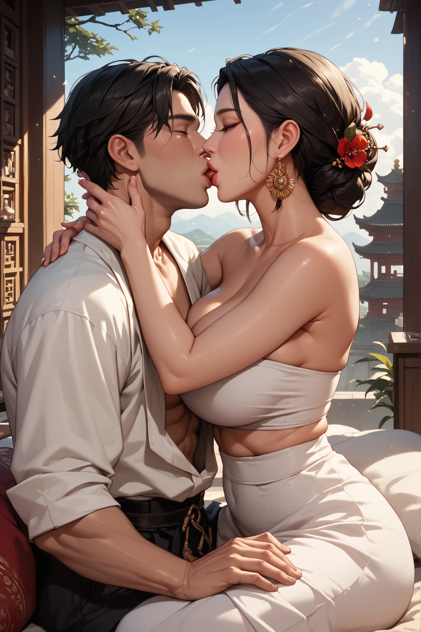 a lascivious chinese woman with large breasts cuddles and kisses another man in chinatown,