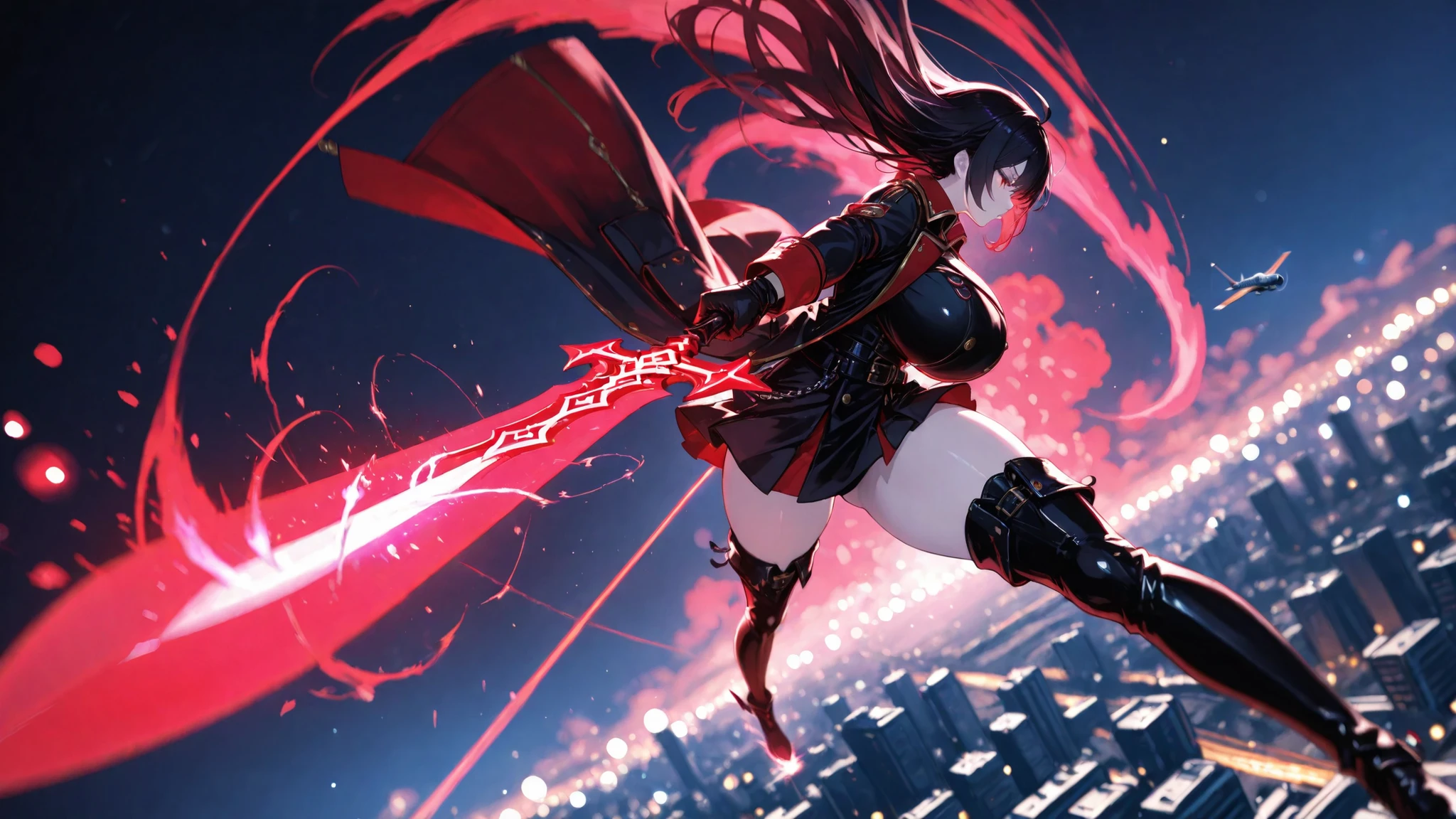 (masterpiece, best quality, ultra high res, highly detailed, perfect anatomy, illustration), 
dynamic aerial shot, motion blur, foreshortening, tilted shot, worm’s-eye view,dutch angle,
dramatic rim lighting, (flying mid-air:1.4), (hovering above city:1.3),Bukū-jutsu,
hair and coat fluttering upward, legs bent as if leaping or gliding,open legs,
(no ground, no floor, no standing),

1girl, solo, profile,long black hair, red eyes, pale skin, tsurime,
(gigantic breasts:1.0), extreme thick thighs, wide hips, absolute territory,
strong elegant presence

[Outfit]
gothic military coat, black leather, silver trims,
short skirt, thigh-high boots, gloves, belts, ornamental details

[Weapon]
dual crimson energy daggers, glowing blades of pure light,
designed for mid-air combat, fast and lethal
each strike leaves trails of red plasma arcs

[Effects]
energy slashes cutting across the air,
sparks and glowing fragments scattering in her wake,
soft phosphorescent motes suspended in mid-air,
(dynamic glowing trails around her flight path:1.3),
subtle glowing cat-shaped aura forming in red trails,
phantom cats leaping alongside her strikes,
(depth of field:1.5), (background blur:1.5), (bokeh:1.3), foreground sharp focus

[Background]
neon-lit city glowing far below, skyscrapers blurred by depth of field,
distant holographic billboards flickering beneath her,
ethereal neon mist drifting upward,
storm-like glowing clouds adding dramatic depth

[Colors]
black, red, silver, ethereal violet-blue,
sharp glowing contrasts, radiant divine aura



