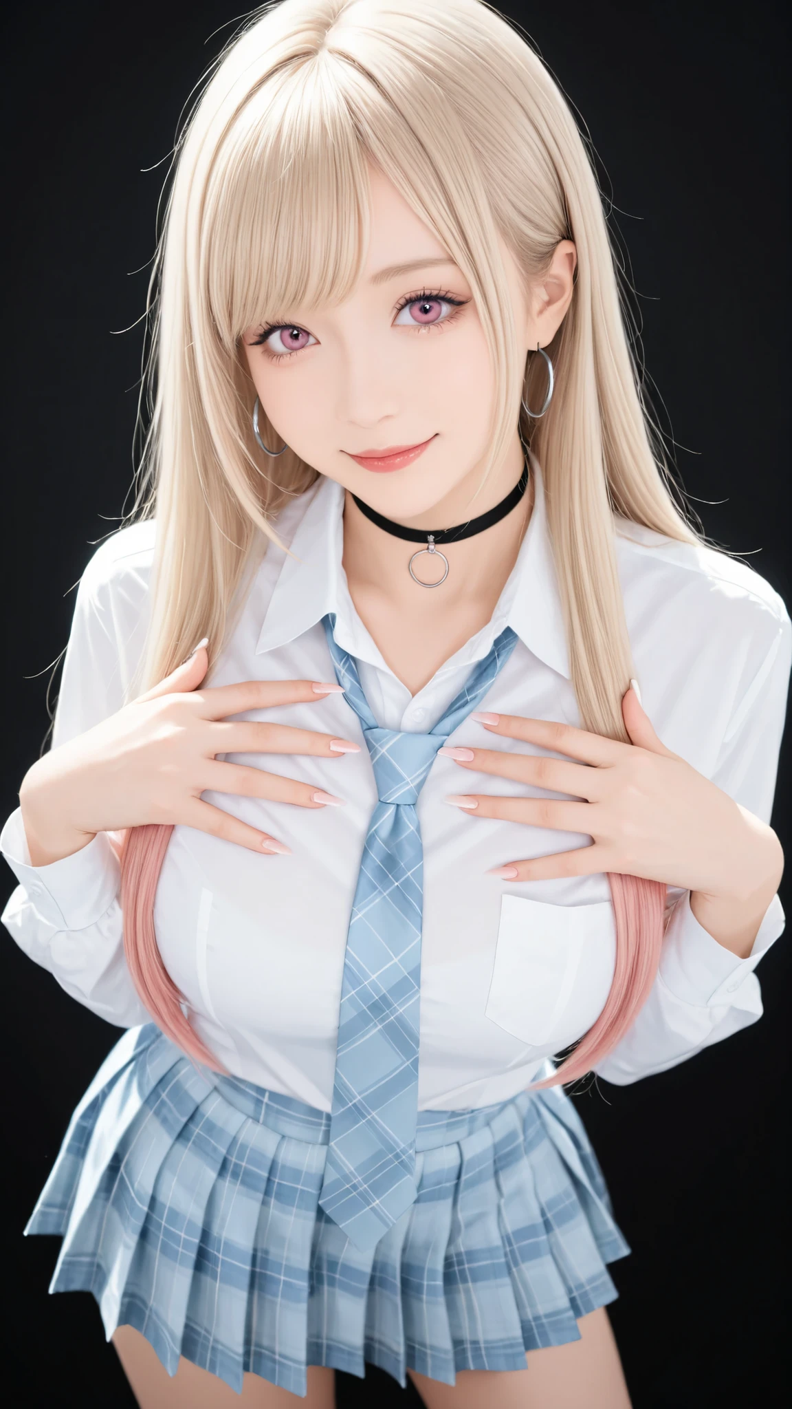 masterpiece,very detailed,realistic,realistic,Highest Quality,8K,Calm Lighting,1girl,long lashes,pink eyes,swept bangs,Light-colored hair,(blond hair with pink tips),long straight hair,white skin,Smile Yan,Beautiful long nails,attractive proportions,white shirt and tie,(Wider collar ),light blue plaid pleated miniskirt,black choker,a small stud and a silver hoop on the left ear,random pose,black background,Brilliant Light