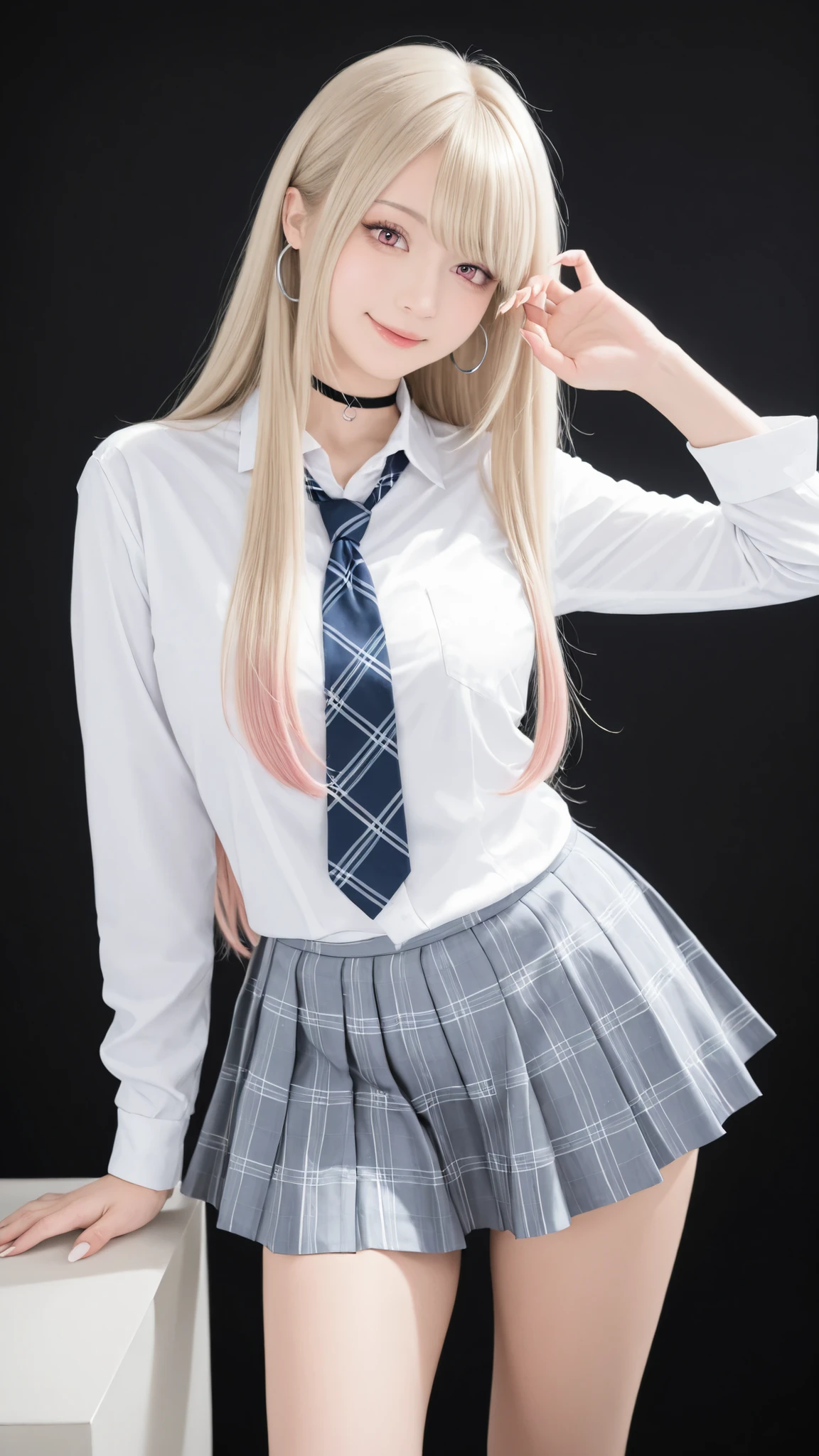 masterpiece,very detailed,realistic,realistic,Highest Quality,8K,Calm Lighting,1girl,long lashes,pink eyes,swept bangs,Light-colored hair,(blond hair with pink tips),long straight hair,white skin,Smile Yan,Beautiful long nails,attractive proportions,white shirt and tie,(Wider collar ),light blue plaid pleated miniskirt,black choker,a small stud and a silver hoop on the left ear,random pose,black background,Brilliant Light