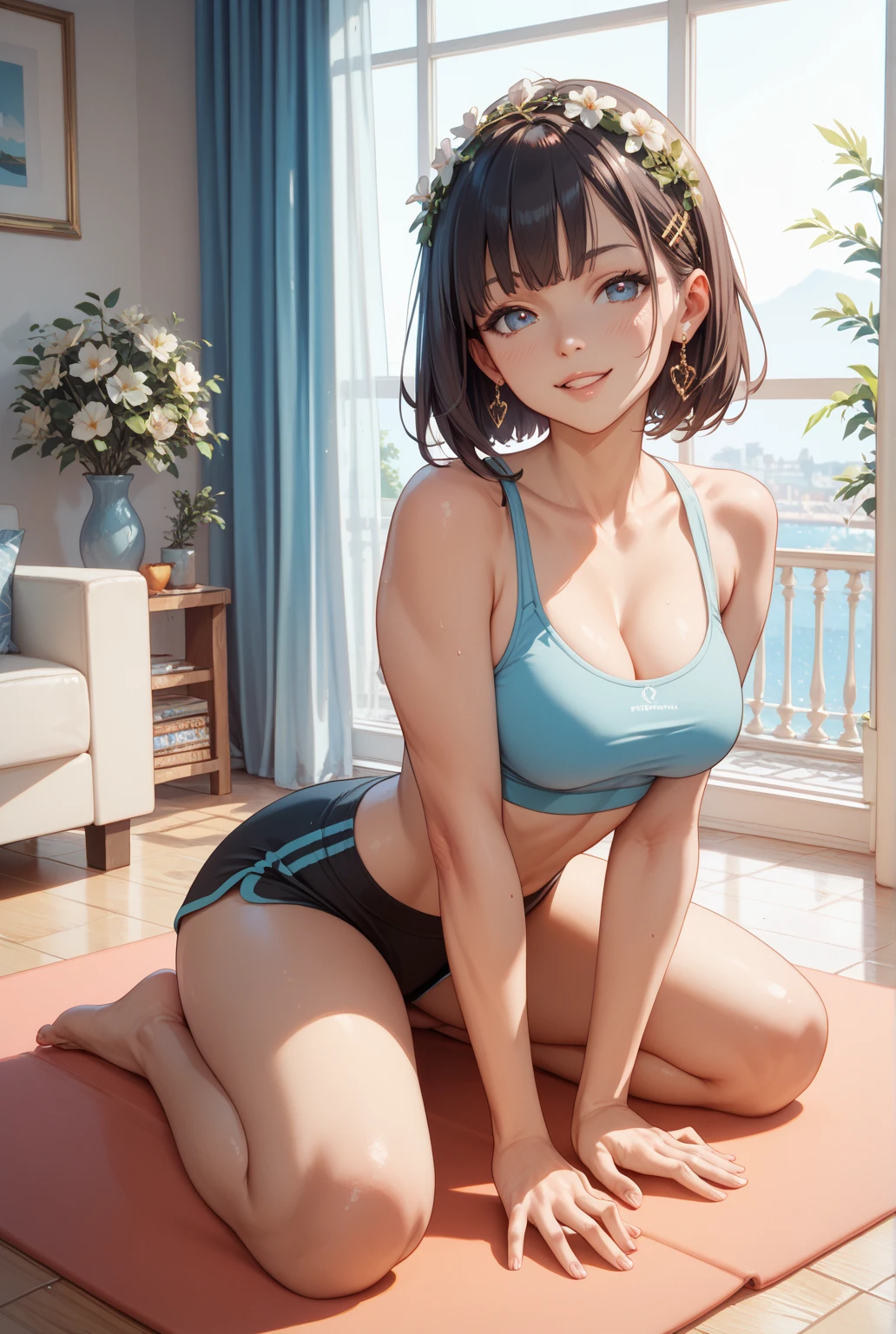(masterpiece, best quality:1.2), 1girl, <lora:Himeno:1>, Himeno, drunk, (medium hair), (messy hair), (wild hair), [collarbone], [bare shoulders], (blue tanktop), (underwear), (blue underwear), (thick thighs), (spread legs)<lora:add_detail:0.6>