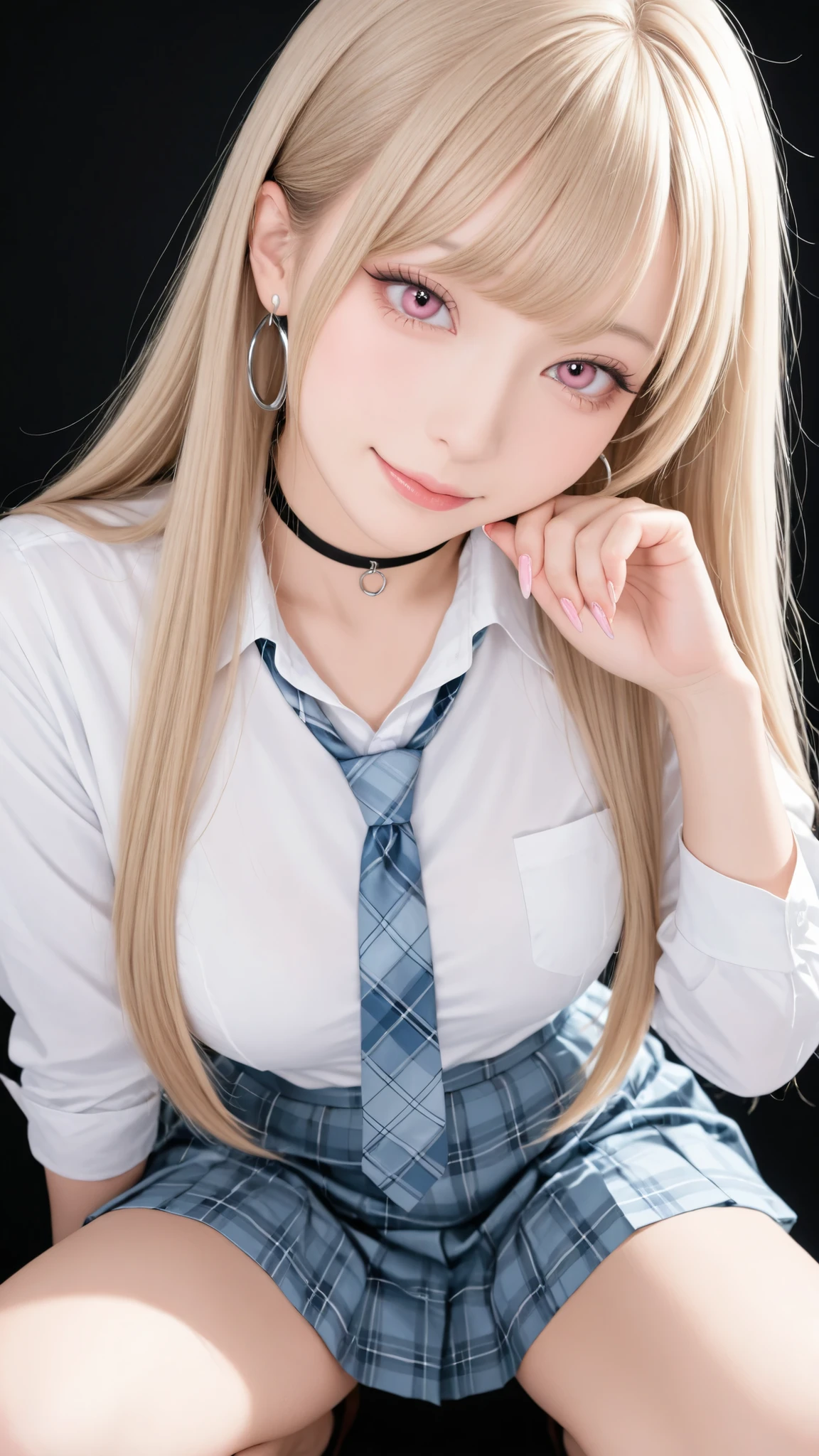 masterpiece,very detailed,realistic,realistic,Highest Quality,8K,Calm Lighting,1girl,long lashes,pink eyes,swept bangs,Light-colored hair,(blond hair with pink tips),long straight hair,white skin,naughty face,Beautiful long nails,attractive proportions,white shirt and tie,(Wider collar ),light blue plaid pleated miniskirt,black choker,a small stud and a silver hoop on the left ear,random pose,black background,Brilliant Light