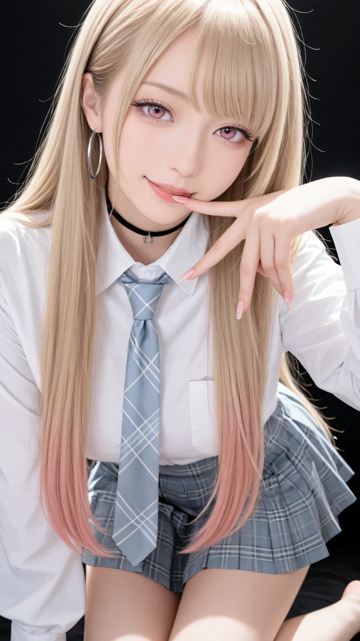 masterpiece,very detailed,realistic,realistic,Highest Quality,8K,Calm Lighting,1girl,long lashes,pink eyes,swept bangs,Light-colored hair,(blond hair with pink tips),long straight hair,white skin,naughty face,Beautiful long nails,attractive proportions,white shirt and tie,(Wider collar ),light blue plaid pleated miniskirt,black choker,a small stud and a silver hoop on the left ear,random pose,black background,Brilliant Light