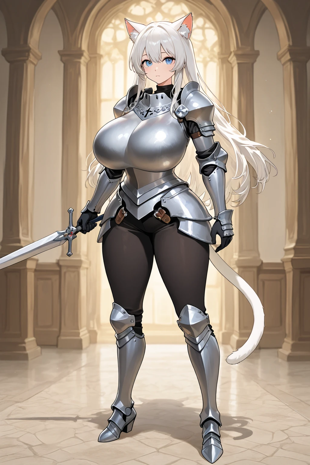 woman, bobcut, blondehair, ((black skin:1.4)), adorned in medieval armor, twerking, metal muscles, emanating a medieval elegance and marvel, armor pump boots, chrome bra, chrome silver tiara, small armband, (shoulder armor), gauntlets, ((armored bikini:1.4)), sword, shield, exposed midriff, (puffy lips:1.3), detailed eyes, ((slendered abs:1.2)),(((gigantic breasts:1.5))), wide hips, (puffy lips:1.5), slender abs,rim lighting, side light, (((cinematic light))), ultra high definition, 8k, film grain,best shadow, light particles, detailed skin texture, detailed gem armor texture, detailed face, intricate details, super detailed, bright, spiked heel boots