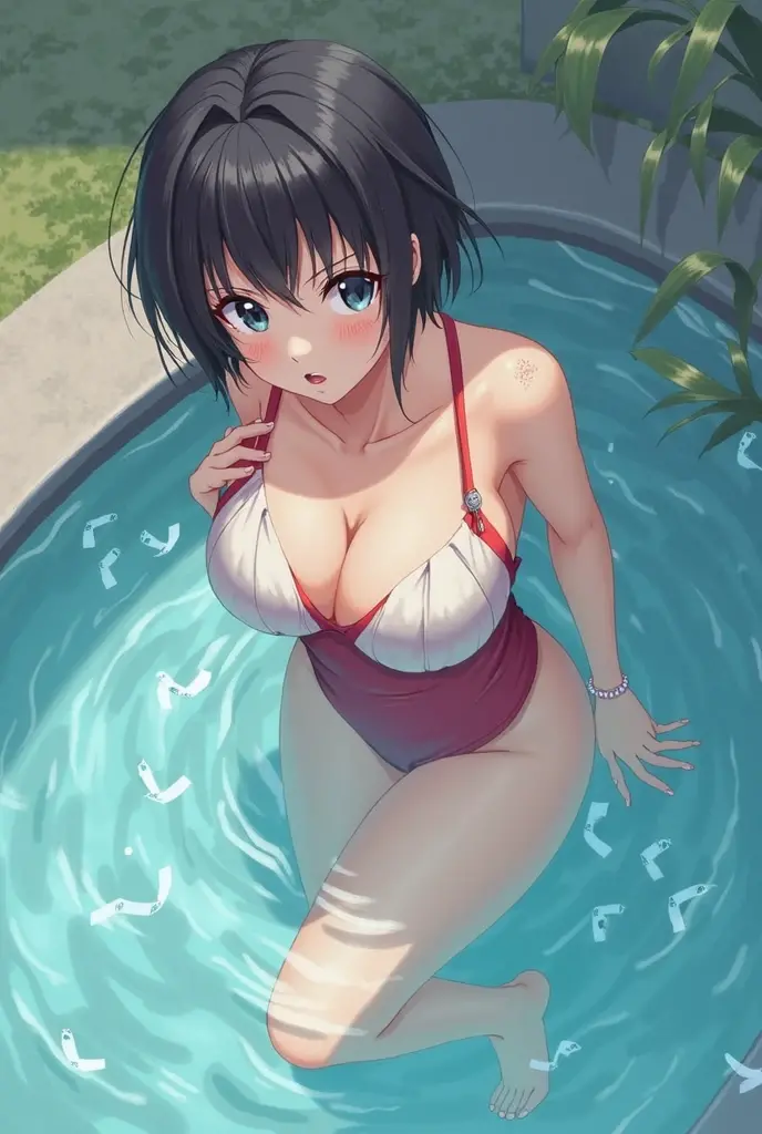 Tae Takemi, Short Hair, big breasts, alluring smile, hot spring, sweat, wet, steaming body, night, nude, <lora:TaeTakemiV2:1>, <lora:add_detail:1>
