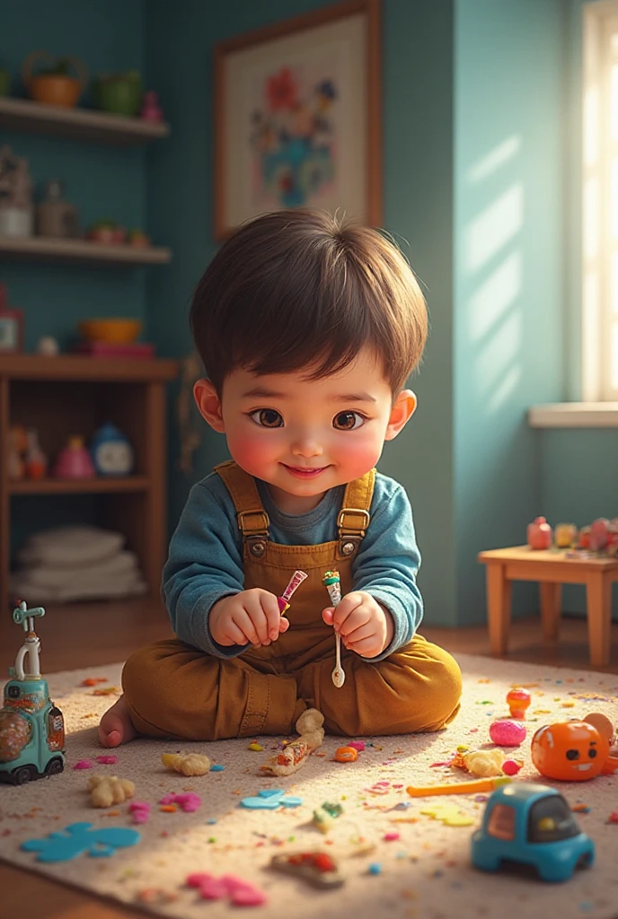 highly detailed, dynamic, cinematic, stunning, realistic lighting and shadows, vivid, vibrant, octane rendering, Unreal Engine, highly detailed, concept art, realistic, cry engine, (dramatic, grainy, intense: 1.4), highest quality, 32k uhd, incredibly detailed, intricately detailed, ultra detailed, ultra high quality, high detail, ultra detailed, masterpiece, (Everything is in focus), a super pop and colorful room. (A  has a toy mountain hat on his head:1.2), (The mountain erupts and rains down a lot of candy and small stuffed animals:1.2), (The boy is laughing out loud:1.2), A Pixar fantasy world.