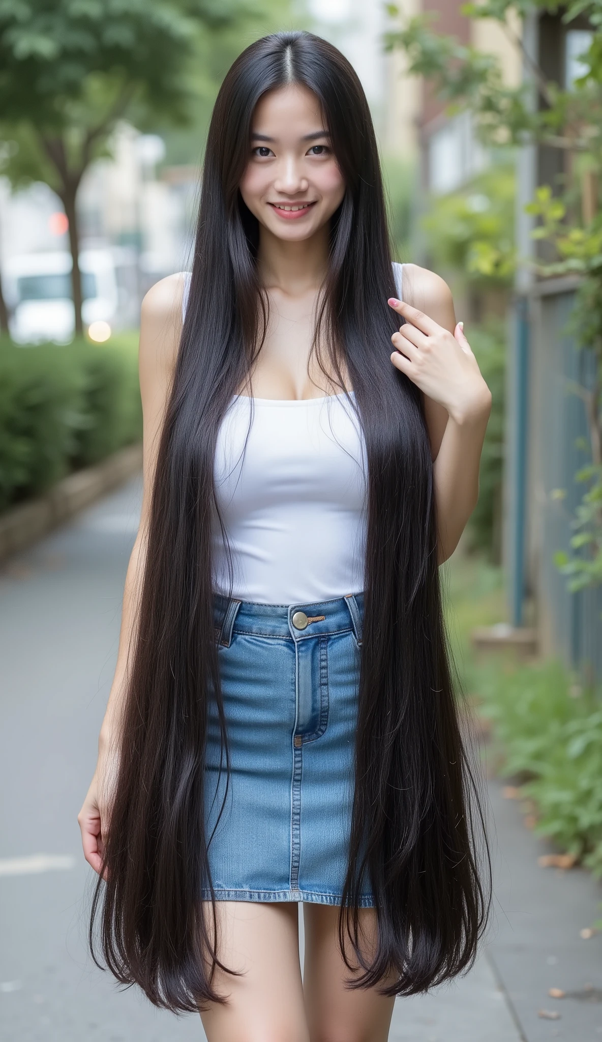 Very cute and young Asian girl with dimples.she is standing .She wears a very tight sleeveless and strapless white tube dress , fitted tight denim mini skirt and white high heels. She has the longest black hair .Cô ấy có mái light black hair dài nhất dài tới 32 mét. She wears a short tight white shirt , round butt and highest hips . light black hair .She has the highest definition , Caucasian .Background is the street in the garden. She spread her long, very thick and incredibly long hair from her super super long hair, ((Remote photo 32 meters)). Real Hand , 5 naturally beautiful fingers. ((Negative Reminder: bad anatomy , bad hand , bad fingers, missing finger, extra fingers, fused finger, mutant hand, chi thừa, deformed fingers, distorted body, translucent, low quality, unrealistic hair , bad eyes, bad teêth, boker effect))