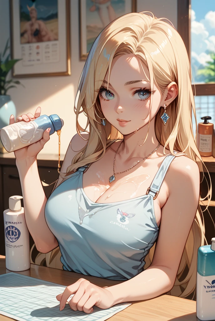 (masterpiece, best quality), 22 years old, 1girl, <lora:pouringontoself:1> pouringontoself, pouring, pouring onto self, milk, bottle, milk bottle,holding, upper body,holding bottle, cleavage,,