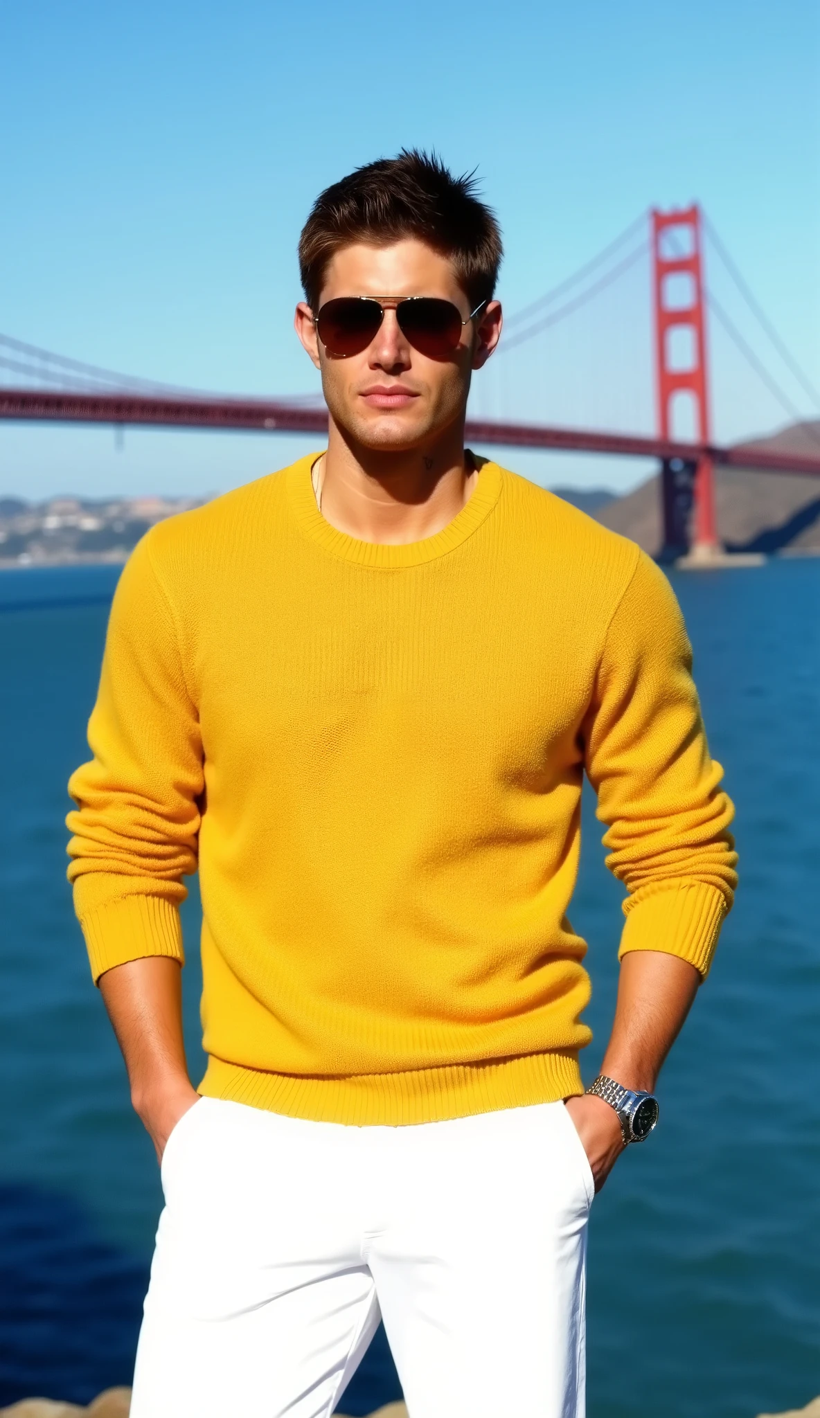 Stylish Jensen Ackles posing outdoors, wearing a fitted mustard yellow knitted sweater, elegant white pants, aviator sunglasses and wristwatch. Background with iconic bridge and blue sea, dia ensolarado, men's fashion portrait style, realistic high definition photography.
