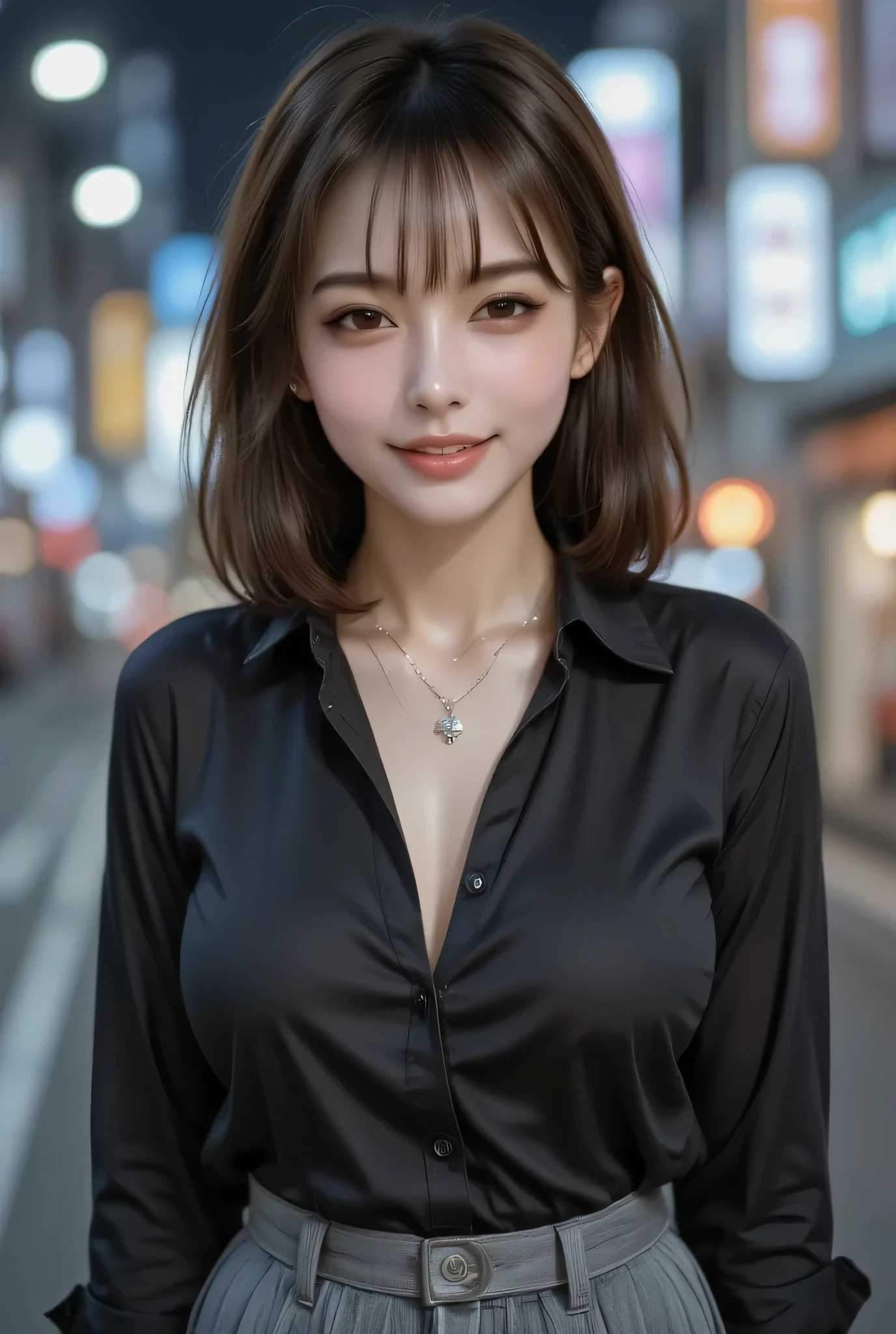 Japanese adult woman standing against Kyoto's downtown night scape. wearing black shirt and grey tight mini skirt illuminated by night lights. large breasts, alluring thighs. Well-defined features, deep brown eyes, long eyelashes with natural double eyelids. Perfect white-toothed smile, sophisticated hair. Necklace sparkling at neckline. Cowboy shot composition. Dreamlike atmosphere illuminated by city lights. Ultra-high definition photorealistic expression.
