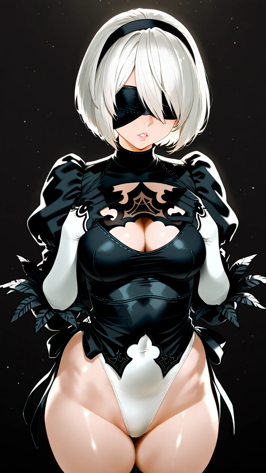 (high quality, 8k, 4K, high contrast, artwork:1.2, high quality, best aesthetics), (dynamic angle), ((1 woman)), erotic, sensual, mature body, super detailed, beautiful face detailed, detailed beautiful mouth, sexy body, perfect breats, perfect wide thighs, (long, wavy white hair), (black hero/villain mask covering the eyes), (black village mask with completely red eyes, cat ears and exposed mouth), (black bodysuit with cleavage on the breasts with white gloves and white fur details around the neckline and gloves), (sensual facial expression), (standing), (centered), (looking at the viewer)