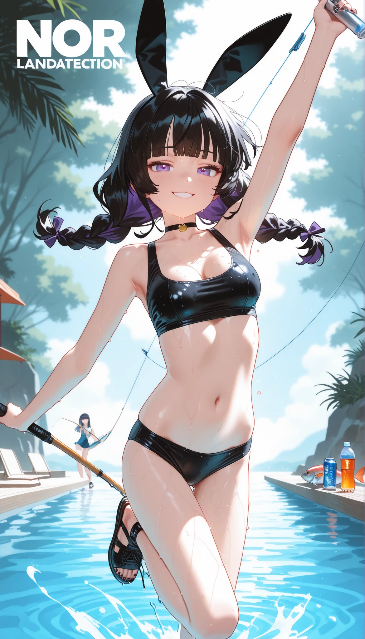 1girl, jitome(0.5), lavender eye, black thick loose braids hair, blunt bangs, hime cut, Medium Breast, celebrities, slim, rabbit ears, Choker, black nail polish, hair blowing in the wind, masterpiece, best quality, Perfect details, perfect composition, Perfect face, Perfect hand, Perfect foot, absurdres, newest, very aesthetic, amazing quality, highres, film grain, Cinematic, Magnificent, doremi, hwansang, mx2j, looking at viewer, Confident, transcendence, Focus on the character, looking at viewer, noir decoration, dynamic view, cute expression, wet, water, thin thread, Acrobatics, water string, agent, noir, water effect, cover art, wet foots, smug face, cool, erotic, wind, nsfw, dancing, fishing, fishing rod, fish, cover art, magazine cover, summer theme, summer, hot, sweat, sports drink, model, cosmic, wet, healthy,