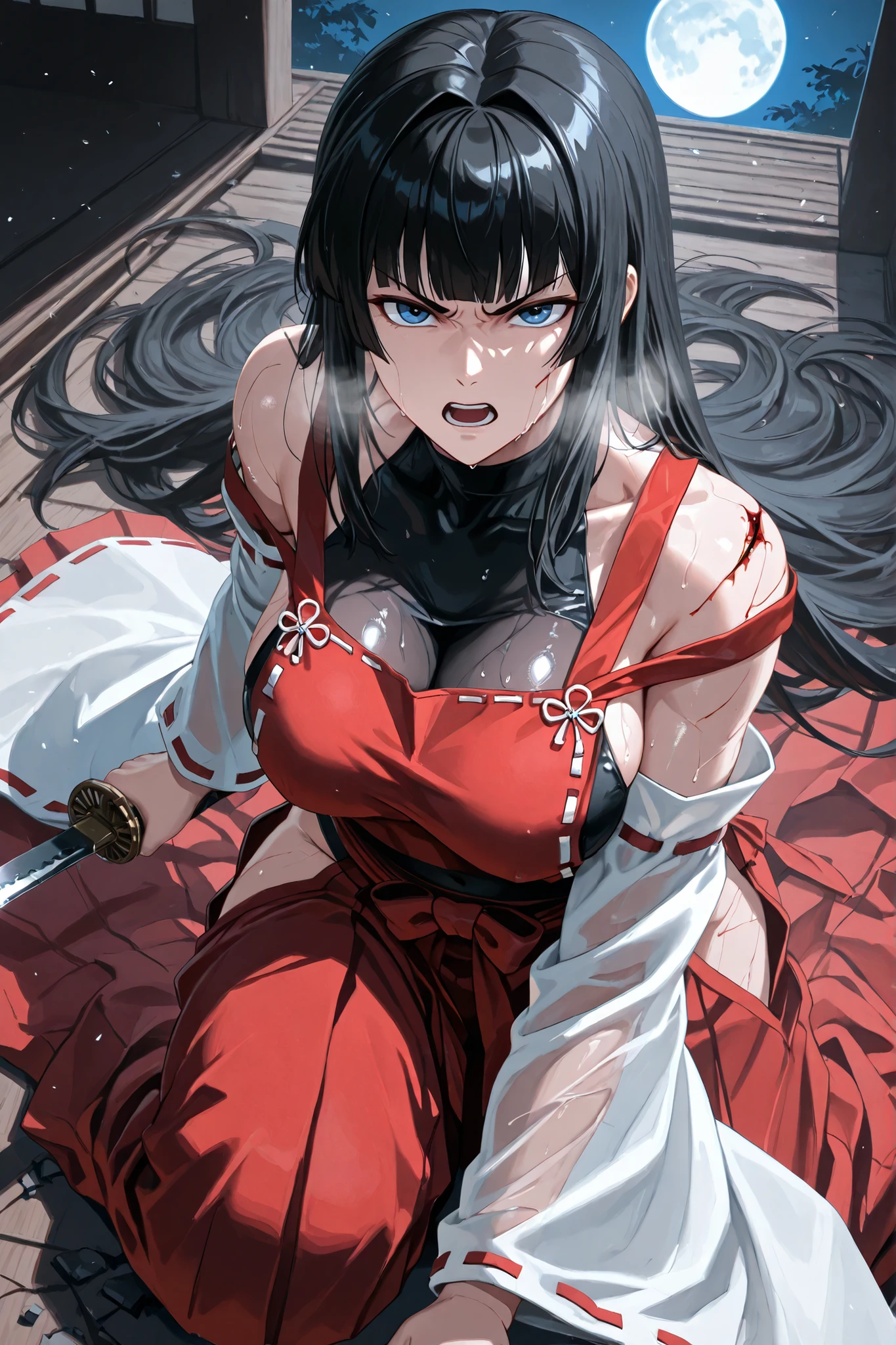 handfixer,Japanese background,SOLO,A mature Female,sendai hakurei no miko,red hakama(Broken), solo,Broken leotard under clothes, black Broken leotard(See-through), Japanese Broken clothes,(Clothes shattered),(Clothes Cut),((worn-out clothes)), nontraditional miko, black hair, hakama (Broken) pants, Blue eyes, large breasts, detached Broken sleeves, hip vent,(Black long hair,intakes hair,hime cut),Using One Broken Katana to support own body,(Kneeling on the floor,On one knee), In front of the Shrine,Injured,bleeding,Cut,Outdoors,At Midnight,Full moon,UHD, masterpiece, anatomically correct, Shiny skin, super detail, best quality, highres, 16k, 1080P,(From above),(((Look at the viewer))),(Rebuke, scowl, v-shaped eyebrows, open mouth,Heavy breathe),Sweaty skin,Straddling,