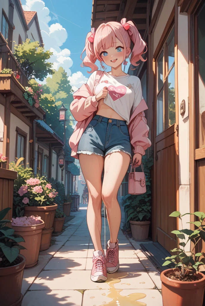(masterpiece, best quality), 1girl, Watermelon pink Caesar Cut with High Fade, Size B breasts, Lilac Pink Tie-dye tank top and High-waisted denim jogger pants with a drawstring waist, tube socks, Standing in a garden, smelling a flower, with closed eyes, enjoying the fragrance.