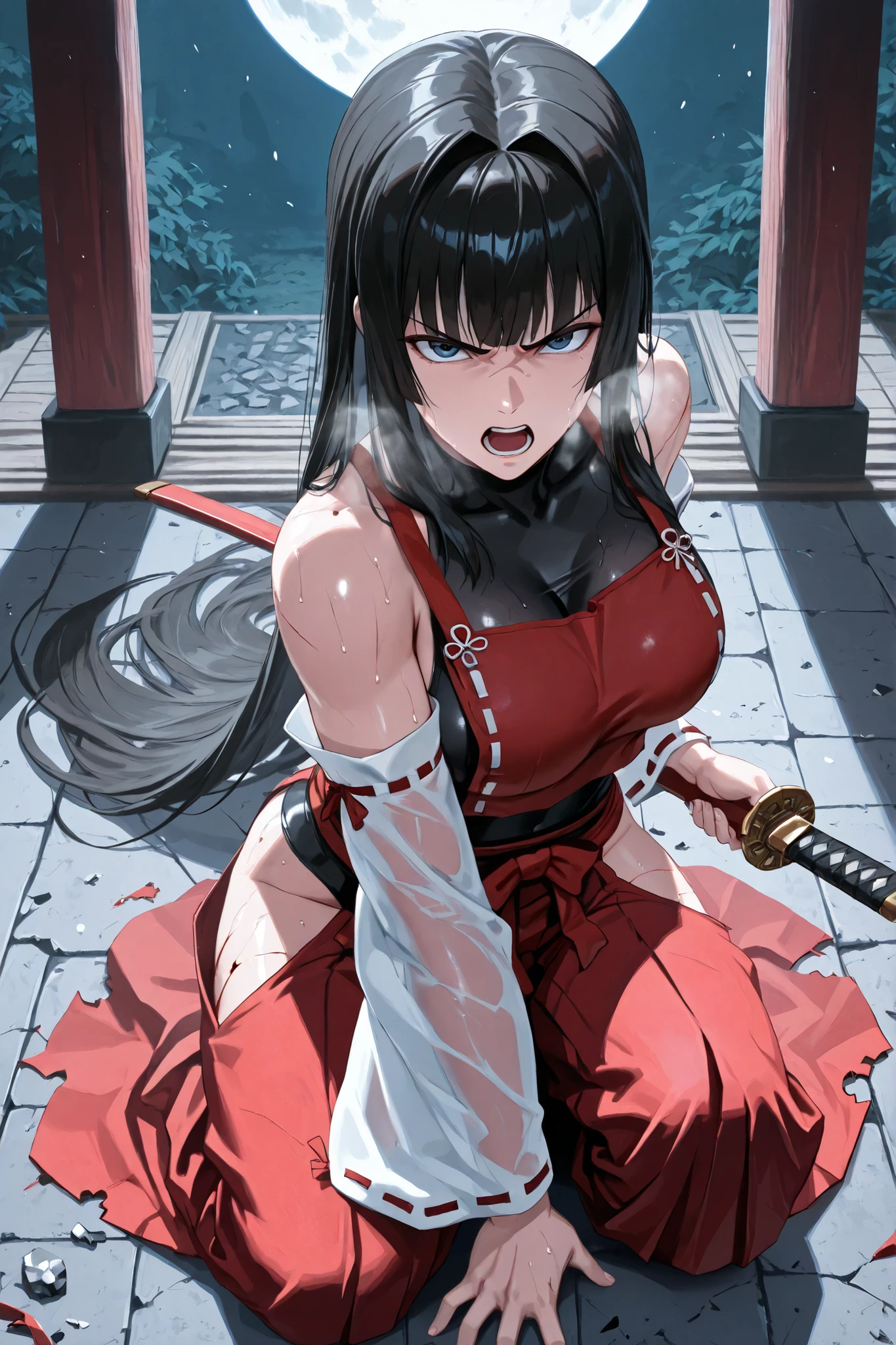 handfixer,Japanese background,SOLO,A mature Female,sendai hakurei no miko,red hakama(Broken), solo,Broken leotard under clothes, black Broken leotard(See-through), Japanese Broken clothes,(Clothes shattered),(Clothes Cut),((worn-out clothes)), nontraditional miko, black hair, hakama (Broken) pants, Blue eyes, large breasts, detached Broken sleeves, hip vent,(Black long hair,intakes hair,hime cut),Using One Broken Katana to support own body,(Kneeling on the floor,On one knee), In front of the Shrine,Injured,bleeding,Cut,Outdoors,At Midnight,Full moon,UHD, masterpiece, anatomically correct, Shiny skin, super detail, best quality, highres, 16k, 1080P,(From above),(((Look at the viewer))),(Rebuke, scowl, v-shaped eyebrows, open mouth,Heavy breathe),Sweaty skin,Straddling,(((first-person view)))