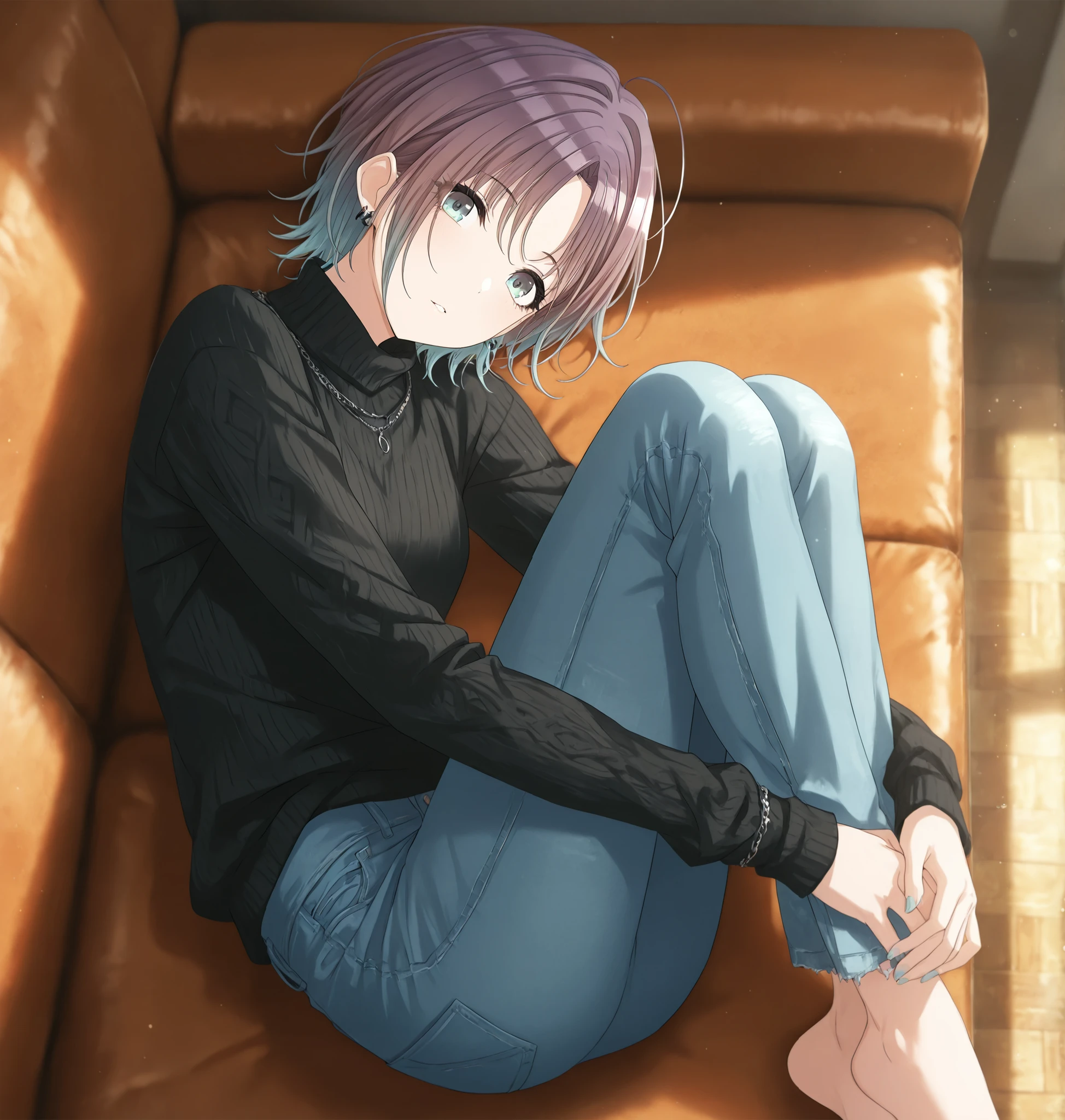 masterpiece,best quality, good quality, ((from above)) ,,indoors,((cinematic light)) shanimas, source_anime,asakura toru, short hair, brown hair, blue hair, blue eyes, 1girl, solo, looking at viewer , ahoge, , earrings, (black sweater ,high neck knit), long sleeve ,denim pants, , parted bangs, , (small ), (slim arms), , from, (fetal position, knee to ), head tilt,