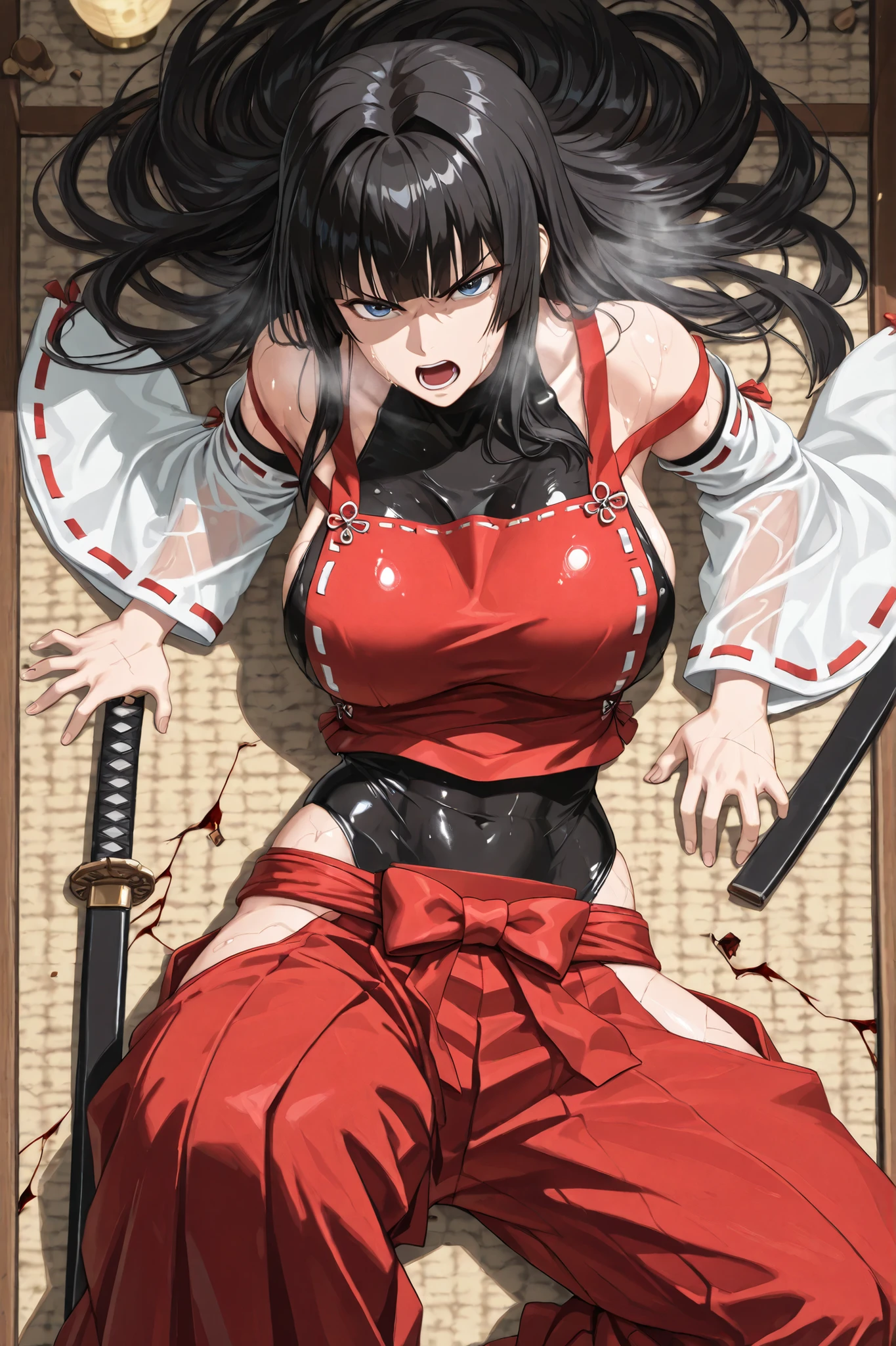 handfixer,Japanese background,SOLO,A mature Female,sendai hakurei no miko,red hakama(Broken), solo,Broken leotard under clothes, black Broken leotard(See-through), Japanese Broken clothes,(Clothes shattered),(Clothes Cut),((worn-out clothes)), nontraditional miko, black hair, hakama (Broken) pants, Blue eyes, large breasts, detached Broken sleeves, hip vent,(Black long hair,intakes hair,hime cut),Using One Broken Katana to support own body,(Lying on the floor,Spreading legs,One Leg Lift), (Arm Raise),In front of the Shrine,Injured,bleeding,Cut,Outdoors,At Midnight,Full moon,UHD, masterpiece, anatomically correct, Shiny skin, super detail, best quality, highres, 16k, 1080P,(From above),(((Look at the viewer))),(Rebuke, scowl, v-shaped eyebrows, open mouth,Heavy breathe),Sweaty skin,Straddling,(((first-person view)))