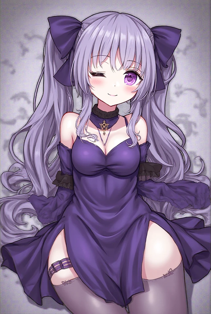 virtual youtuber, murasaki shion, loli, orange eyes, forehead, blunt bangs, small breast, sidelock, black cat ear, single side right bun, light white purple hair, blown hair, long hair, wearing gothic lolita, show off pussy
