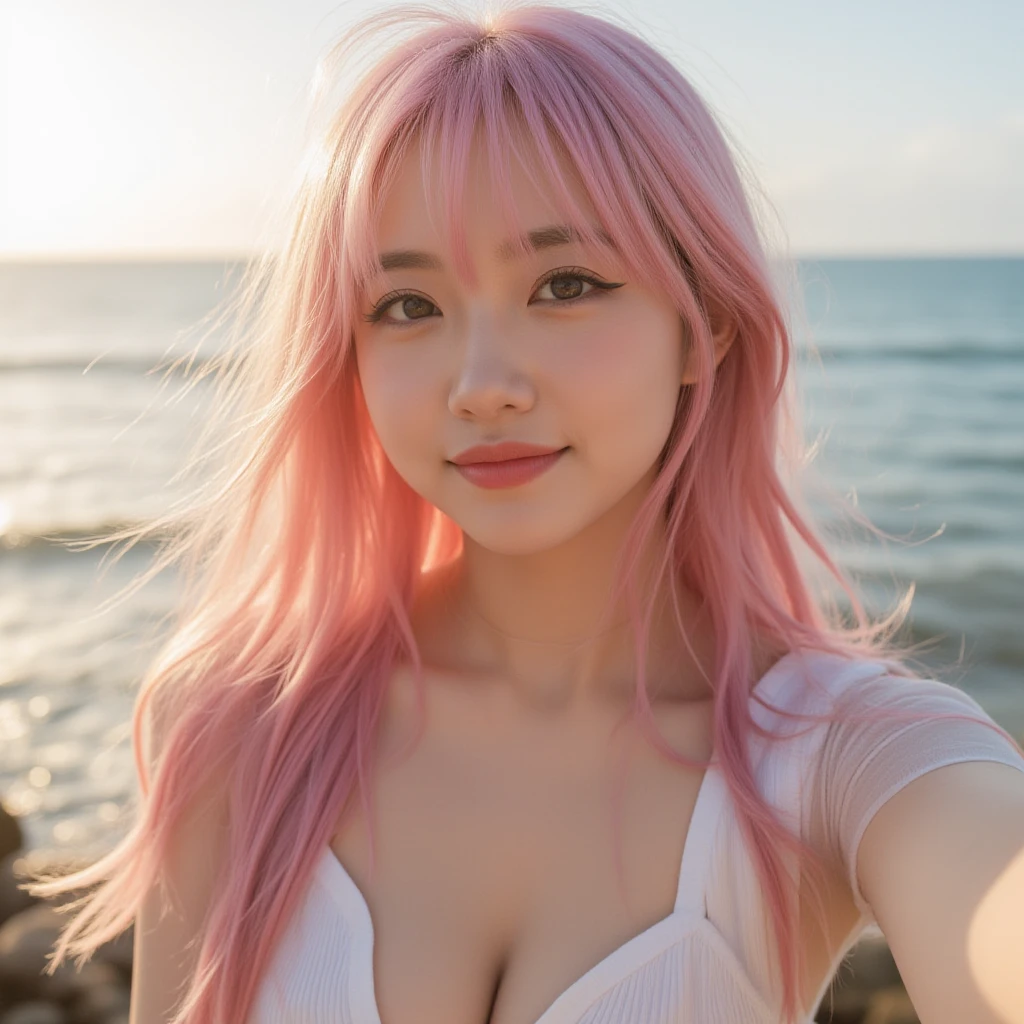 Highest quality, Great quality, 16K, Unbelievably absurd, Very detailed, delicate and dynamic, Natural light, Particles reflect light, Diffuse reflection of light, Beautiful sandy beach, Shining Sun, Diffuse reflection of light, Create amazing image effects, , Wet, sweating, close(Cute sexy girl, A large, swaying bust, Sensual expression, Cool girl, Severe, passion, dynamic, White swimsuit, ,, much-air-laden cheer)Pink Hair