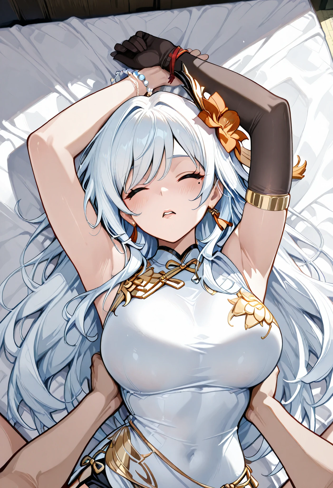 My jaw is greatly curved,Raise a panting voice,Writhing violently,Big Wobble ,I'm closing my eyes,her lover wraps her arms around her back and hugs her,,Armlet on left arm,Handmade bracelet,sleeveless china ,anime girl,long white hair,and a flower in her hair,Anime Goddess,Zodiac knight portrait girl whose dress is wet and see-through, Haise Jinyao,Genshin Characters,Keking, Full Body Senxia ,Pictures of Women with Long White Hair Bound at the Back,long white hairで,perfect girl,large breasts with good shape,thin waist,mole under eye,long gloves,earrings,no background,close your eyes,kind eyes,kind expression,Blush,is embarrassed,Open Lips,Very large bed,lies with her whole body stretched out on a white sheet,A woman lies down,nobody else, correct The hair bundled in the back is a braid, cowboy shot with a close cute face, Open your legs from side to side boldly