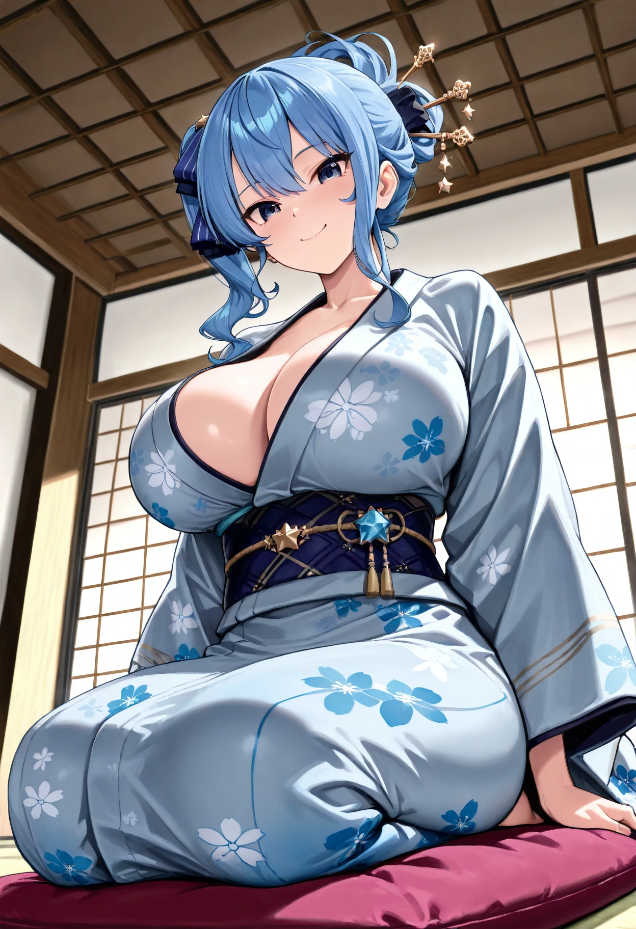 8k, RAW photo, best quality, masterpiece:1.2, 1girl, solo, gorgeous kimono, shoulders visible, huge breasts, light blue hair, middle hair, two side up, blue eyes, shy, smile, happy, living room, standing