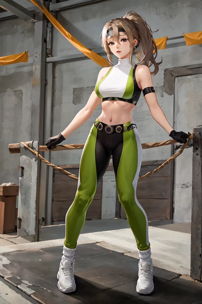 <lora:add_detail:0.5> <lora:copax_charm_eu:0.0> (1girl,3d, photorealistic,masterpiece, best quality), surprised, full body, seductive pose, in a garden,
1girl,gloves, headband, pants, ponytail, green leggings, black gloves, large breasts, long hair, sports bra, earrings, brown hair, midriff, jewelry, white socks,white footwear, rope, navel,white socks,toned
<lora:sonya:0.7>