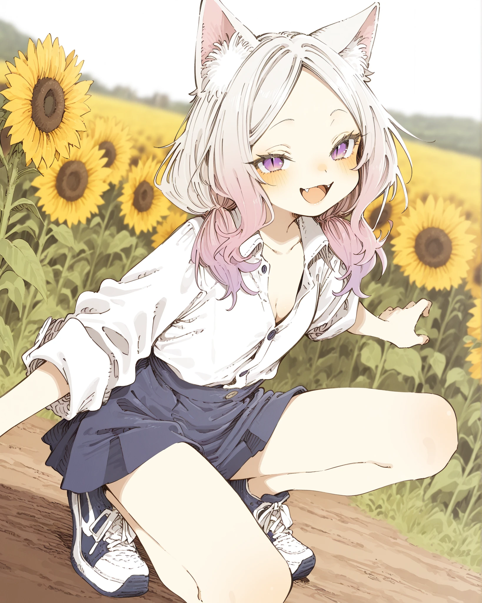 ((Abara Heiki Style)), ((Masterpiece)), ((best quality, amazing quality)), ((very aesthetic, absurdres, newest, scenery)), ((detailed background, negative space, blurry background, depth of field)), (dynamic angle, from side), ((1girl)), cute young girl, (Healthy Gaunt body, Textured skin, small , cleavage, tilt head), (buttoned shirt, collared shirt, pure white shirt), (see-through silhouette:0.7), (mini skirt, Navy blue skirt), Thick soled sneakers, (platinum-gold hair, messy medium hair, low pigtails), long parted bangs, cute forehead, long sidelooks, gradient hair, pink color Hair Tip, beautiful collarbones, BREAK (( smile, :d, blush, cute fangs)), (cute cheeks), glossy lips, pouty lips, (lower eyelashes), (put on cat ears), ((slit pupils, pale purple eyes, gradient eyes, upturned eyes)), loose Spread arms, (loose crouching, countryside, outdoor), Beautiful waterway, Blossoming Sunflower flowers, wind blow, intense sunlight,