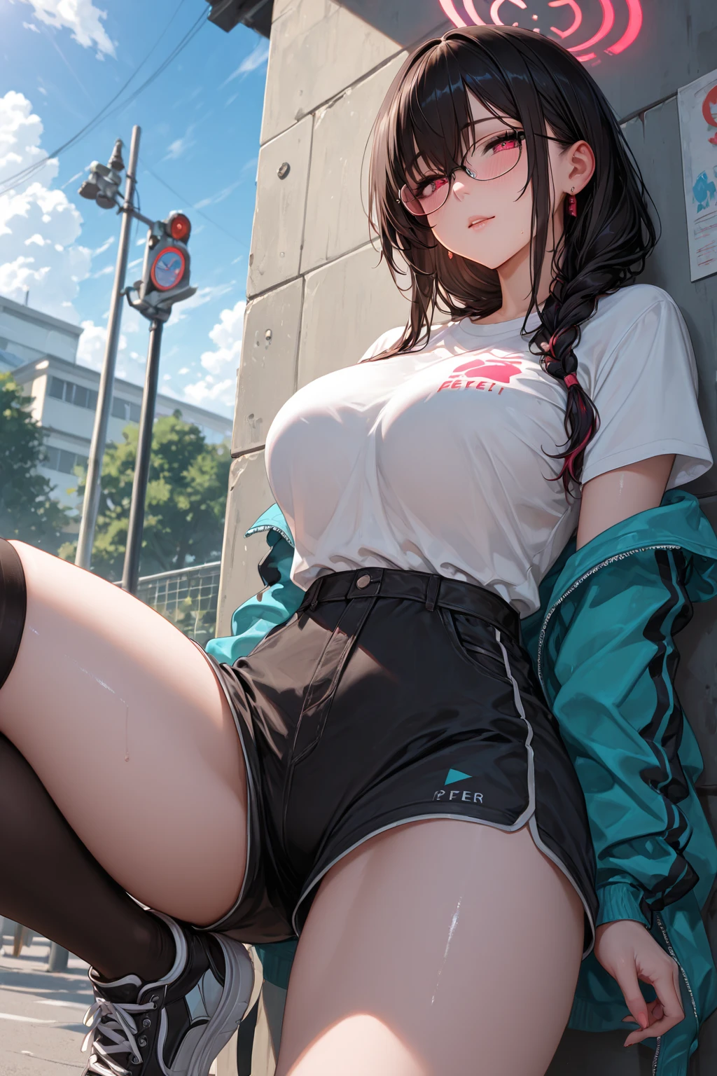 masterpiece, best quality, 1girl, solo, black_hair, ponytails, shirt, shorts, outdoors, city, <lora:leo-6:1>